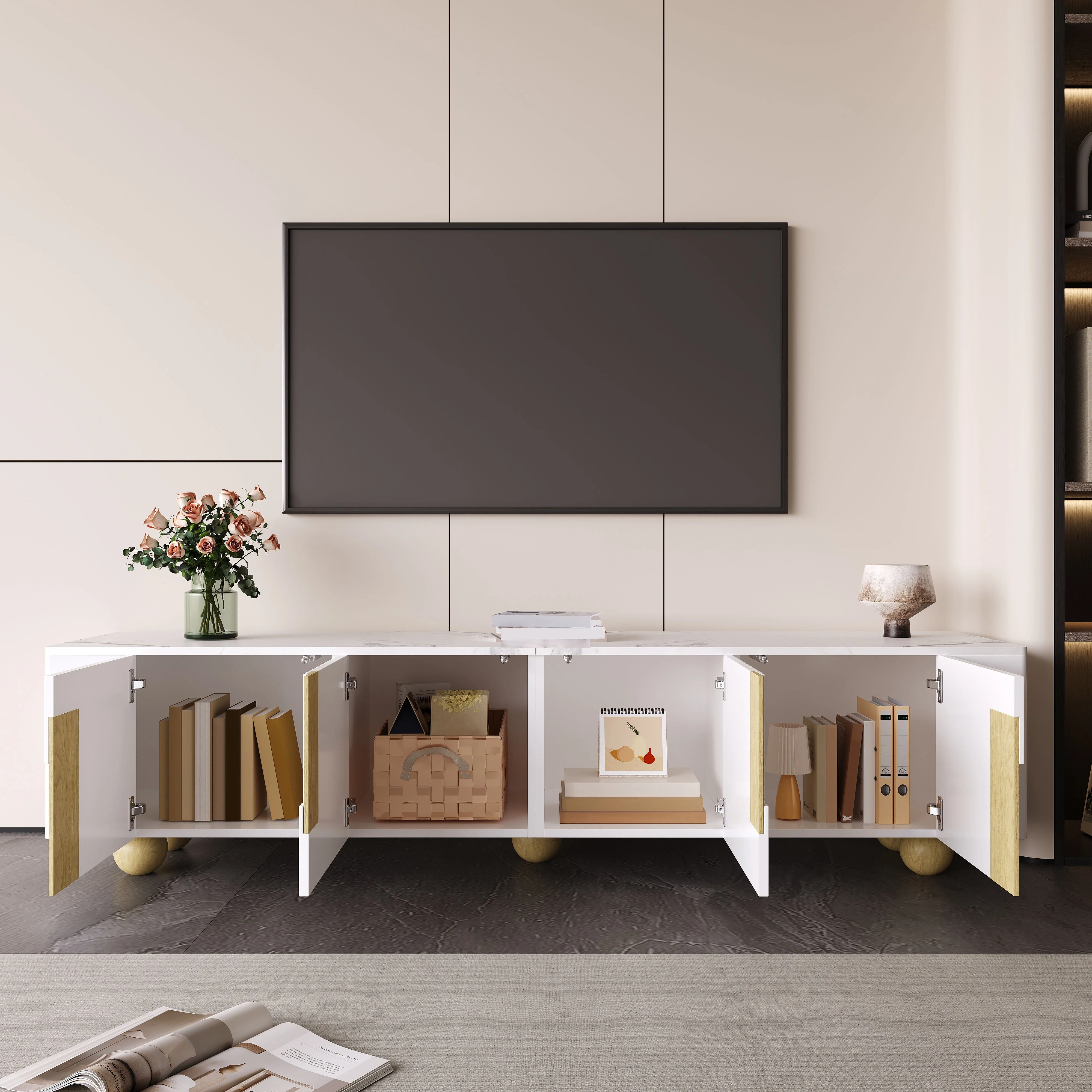 TV Cabinet 180cm 4 Doors Marble-Effect Spherical Feet, White - Image 7