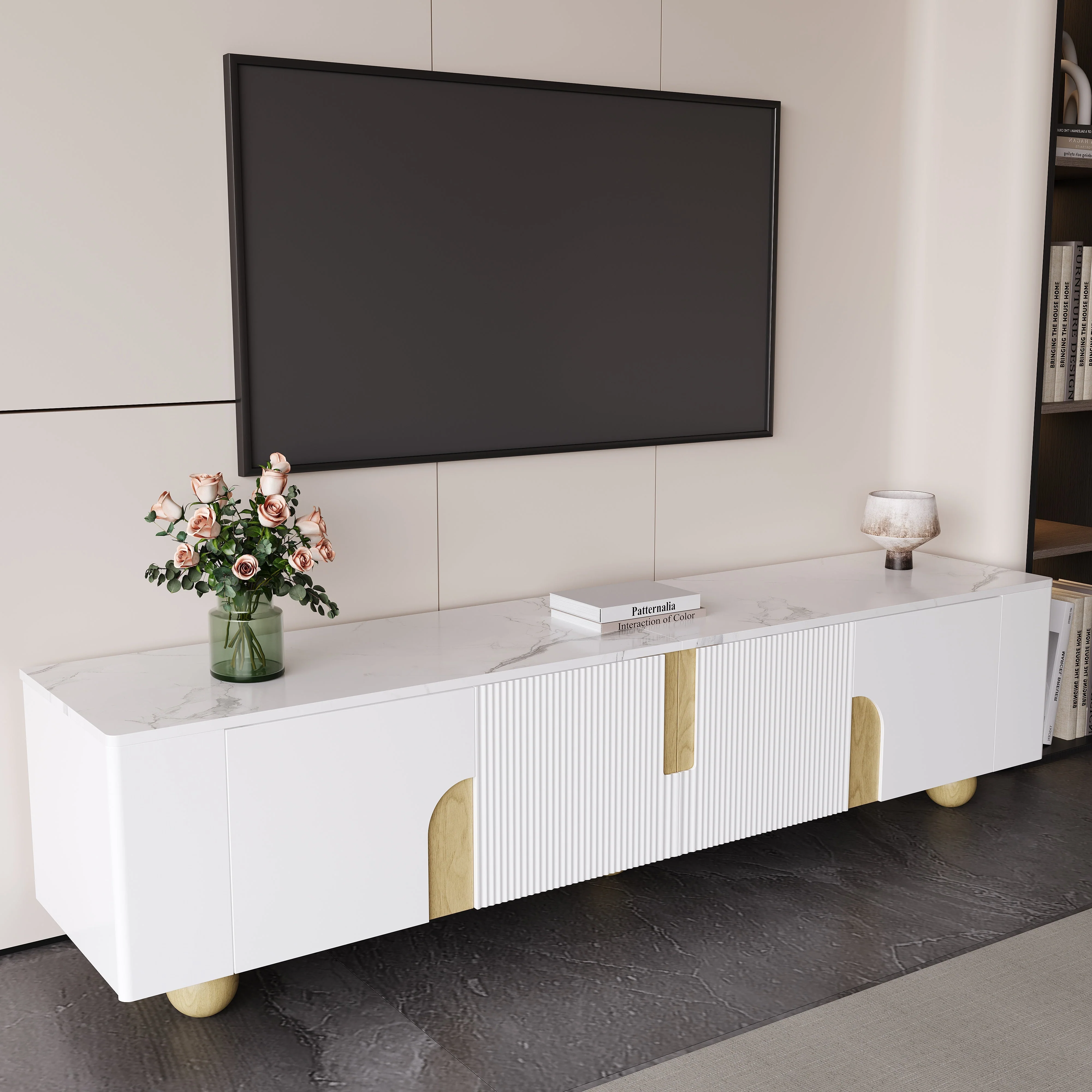 TV Cabinet 180cm 4 Doors Marble-Effect Spherical Feet, White - Image 8