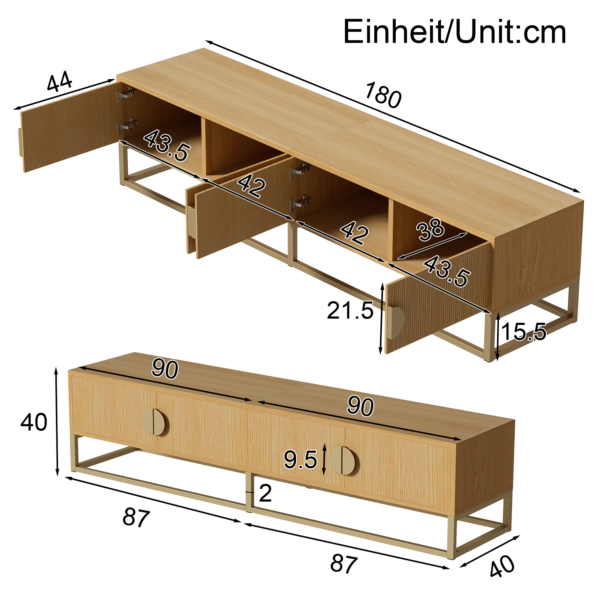 TV Cabinet 180cm 4 Doors Semi-circular Handles Wood Grain Finish - Image 5