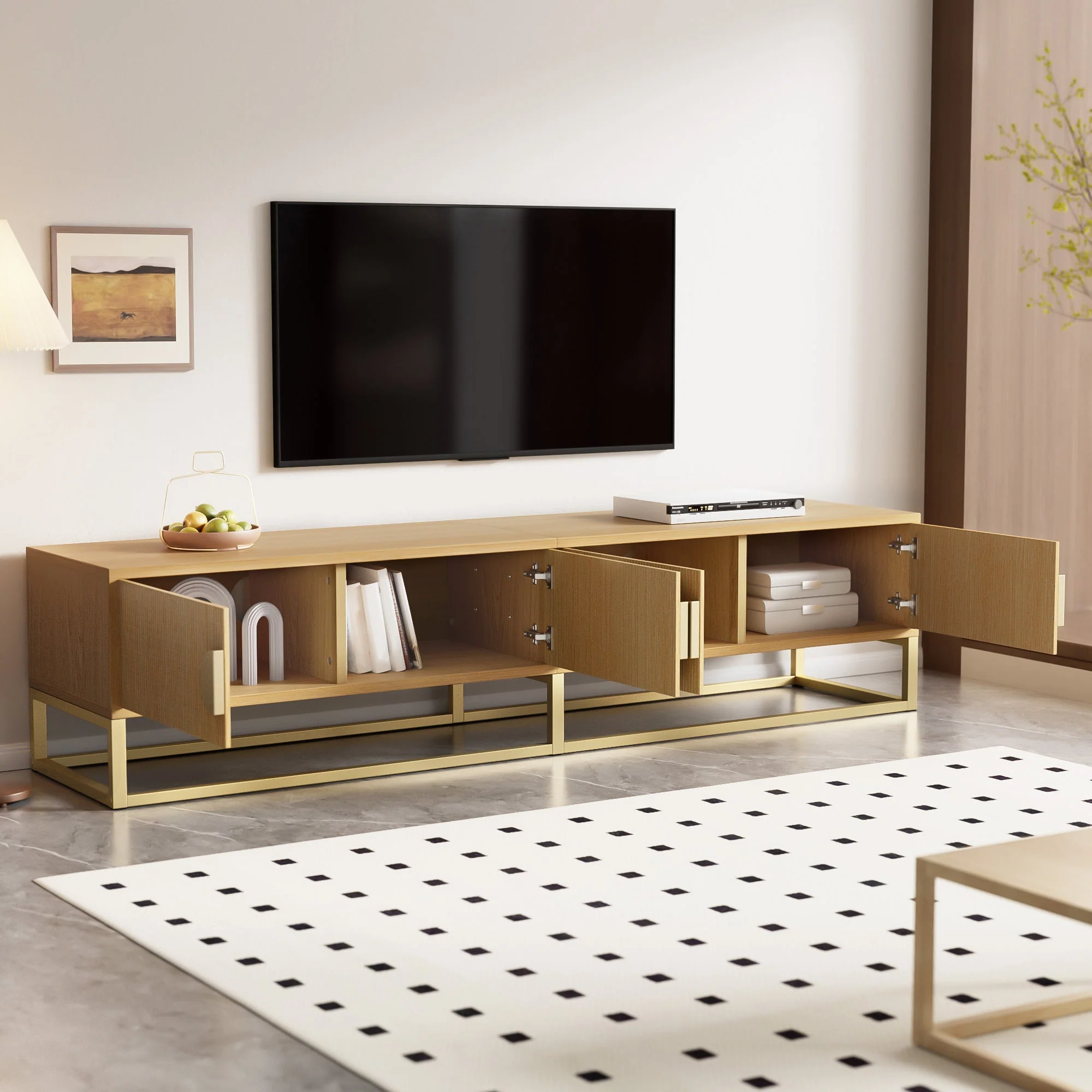 TV Cabinet 180cm 4 Doors Semi-circular Handles Wood Grain Finish - Image 8
