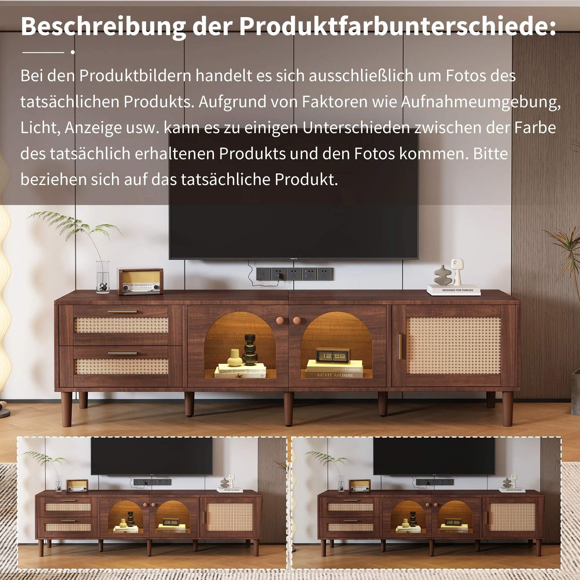 TV Cabinet, 180cm 80-inch with 2 Rattan Drawers, 2 Glass & 1 Rattan Door, LED Lighting, Brown - Image 10