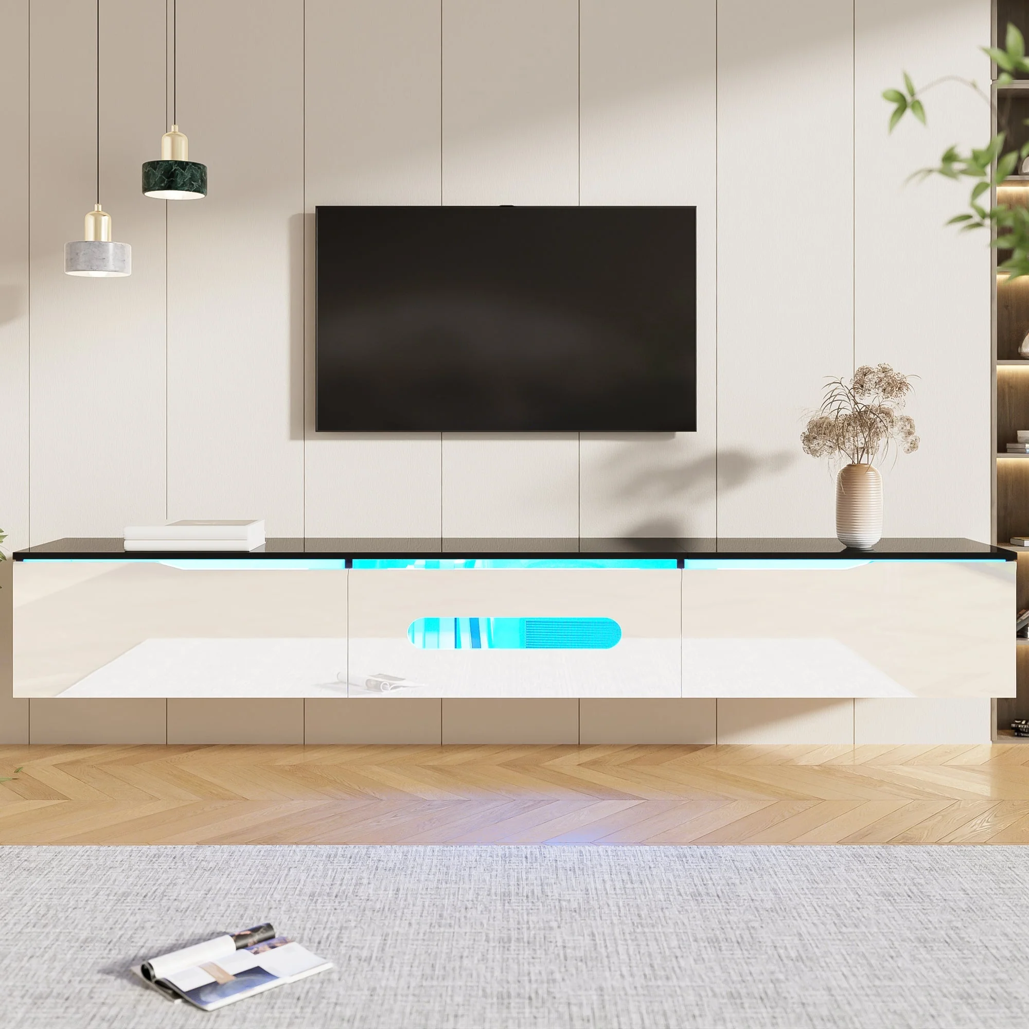 TV Cabinet 180cm LED Lighting Wall-Mountable High-Gloss Black/White - Image 2