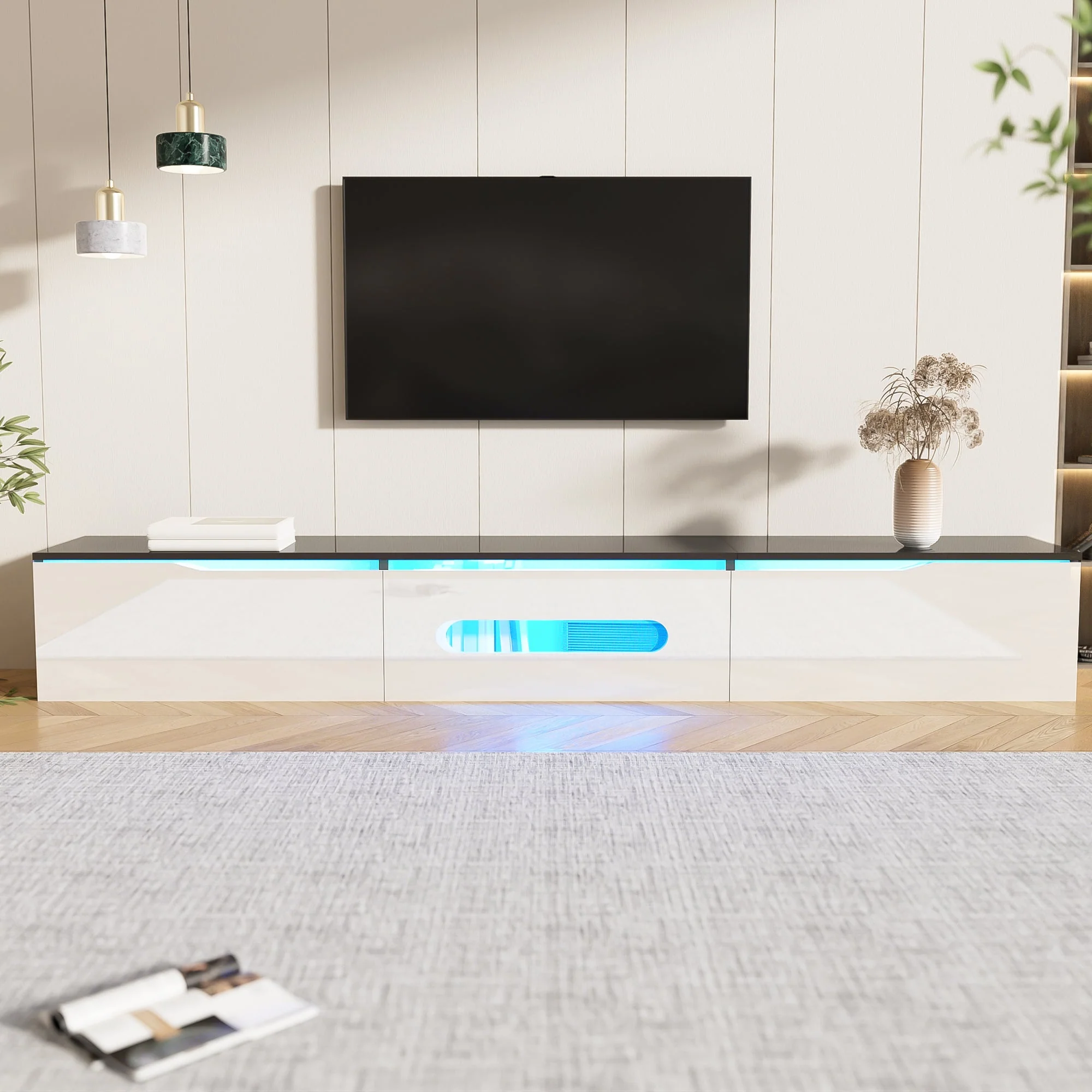TV Cabinet 180cm LED Lighting Wall-Mountable High-Gloss Black/White - Image 5