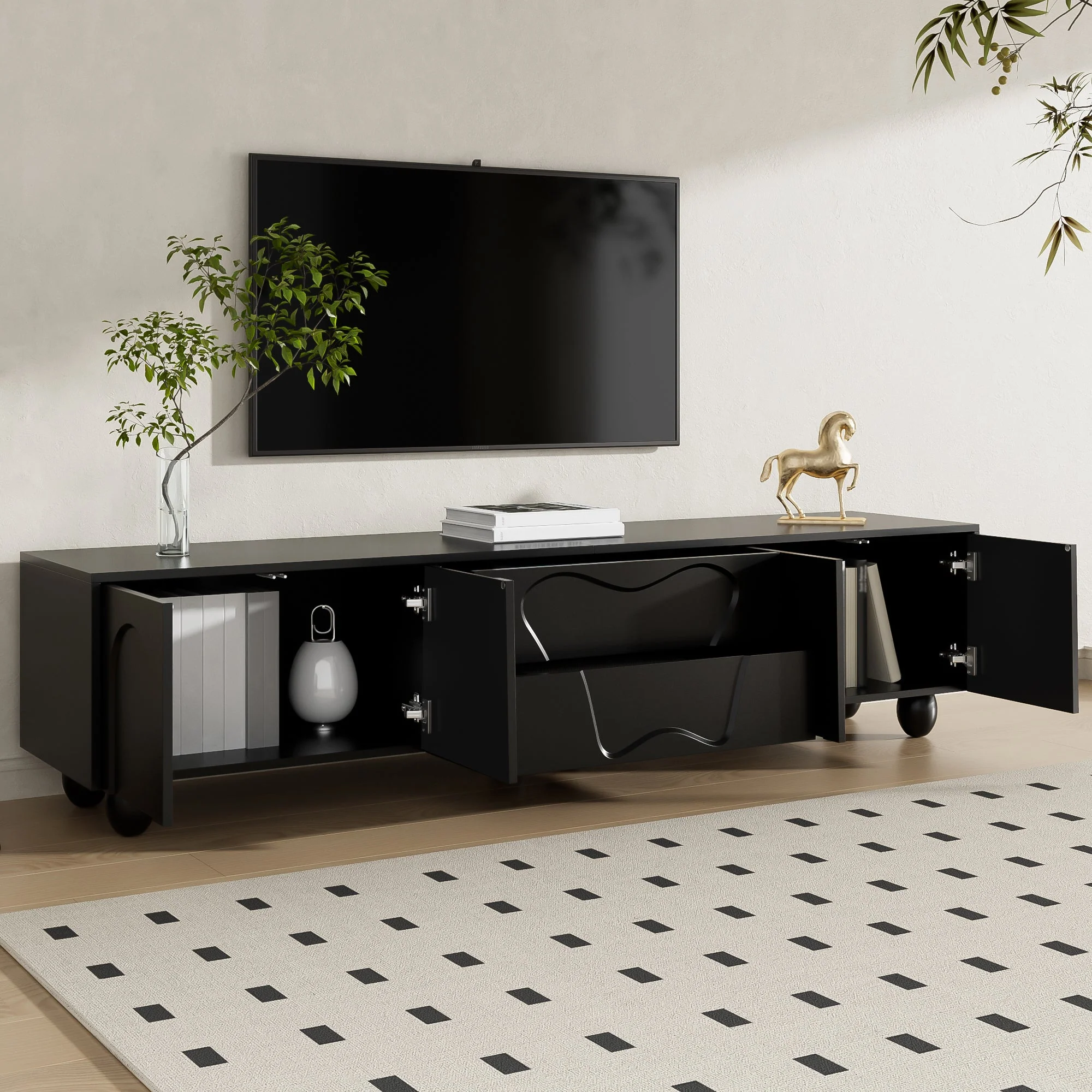 TV Cabinet, 180cm Minimalist Elegant Storage, Black Wooden - Image 3