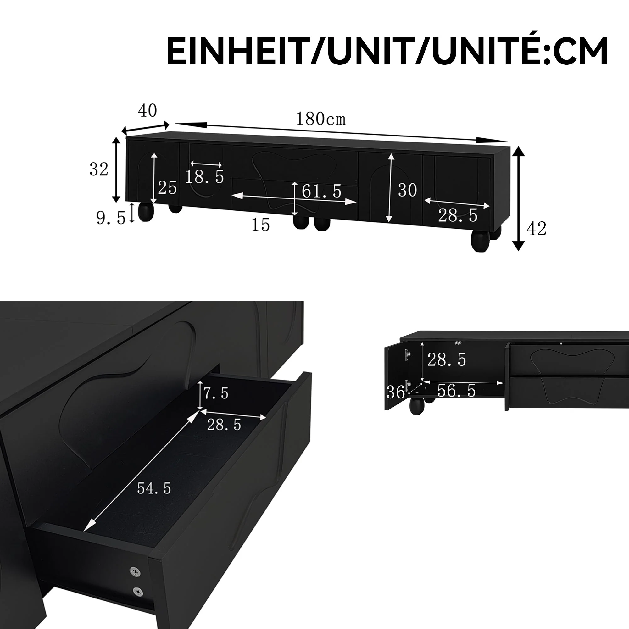 TV Cabinet, 180cm Minimalist Elegant Storage, Black Wooden - Image 5