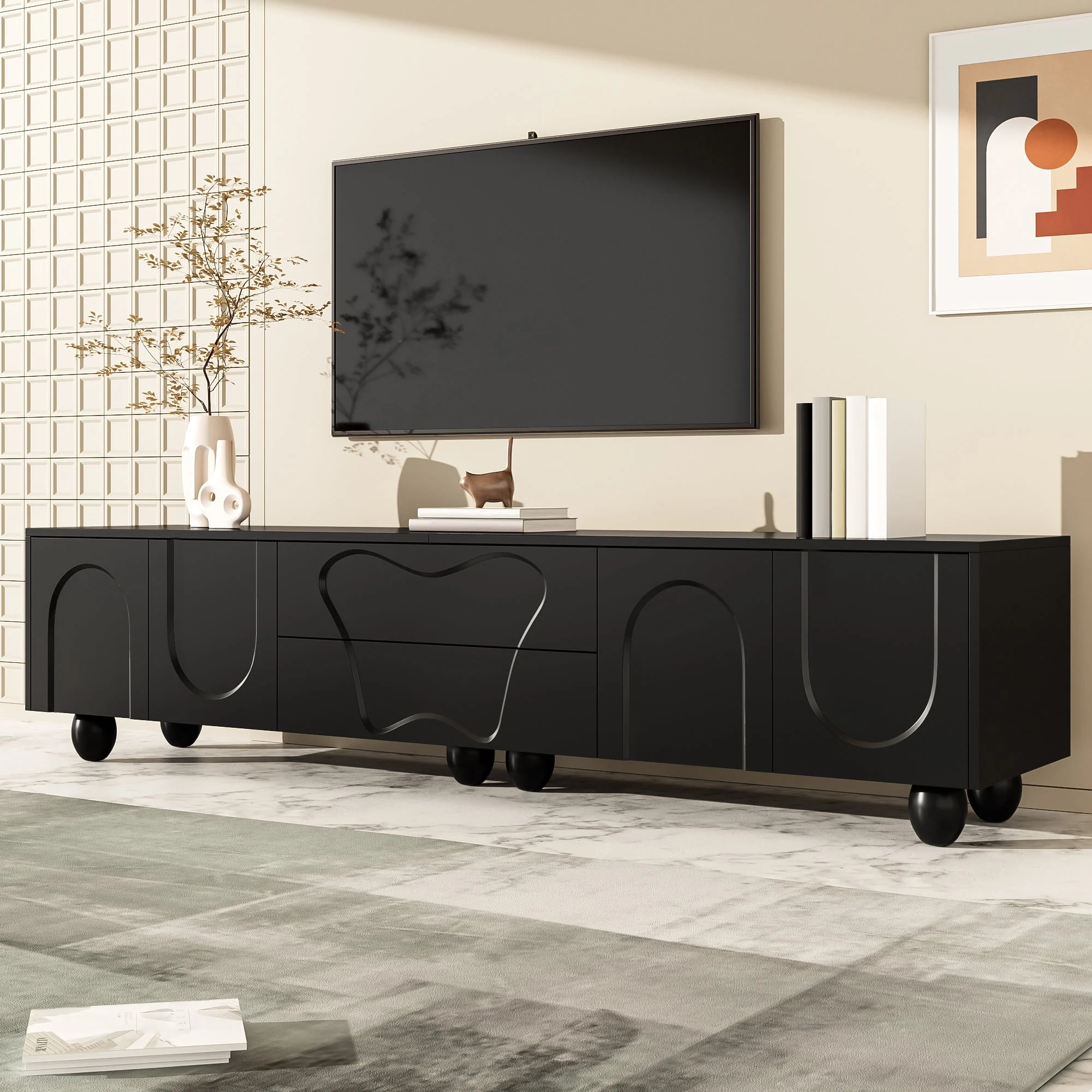 TV Cabinet, 180cm Minimalist Elegant Storage, Black Wooden - Image 7