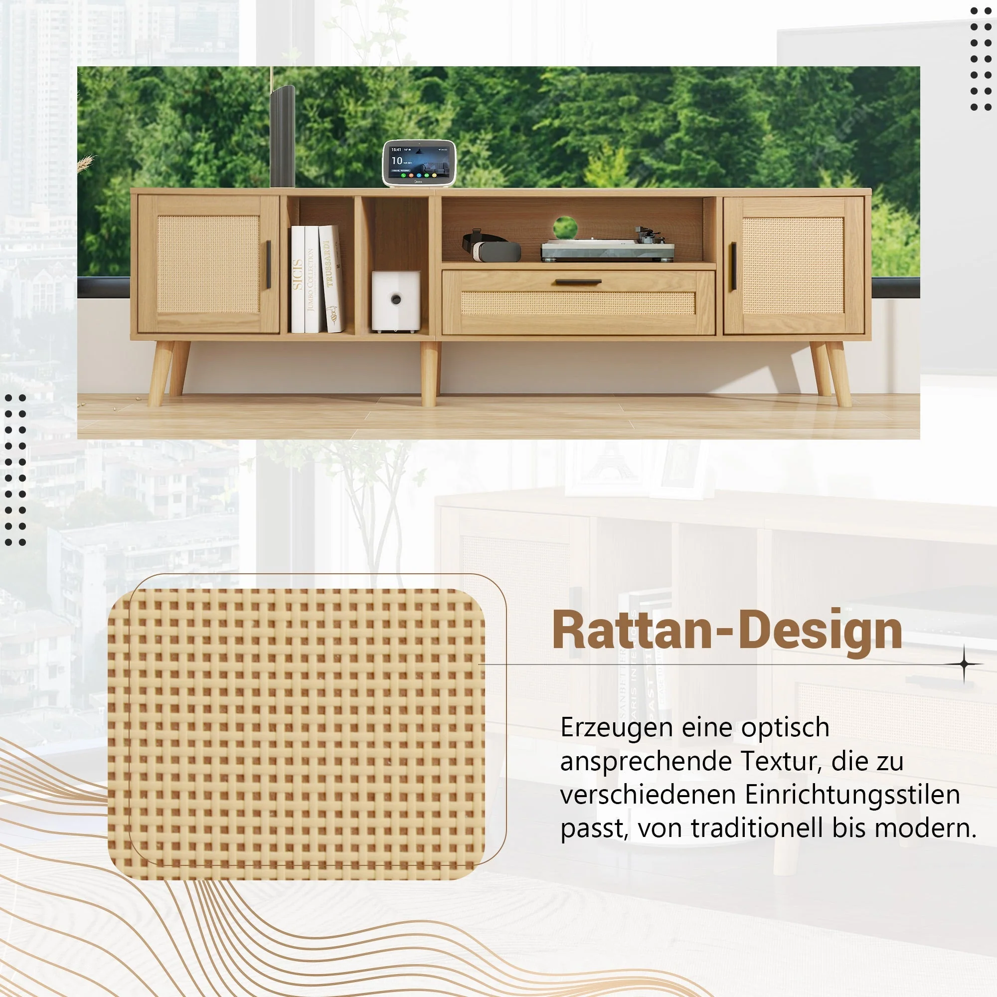 TV Cabinet, 180cm Rattan with 2 Doors & 1 Drawer, Solid Wood - Image 10