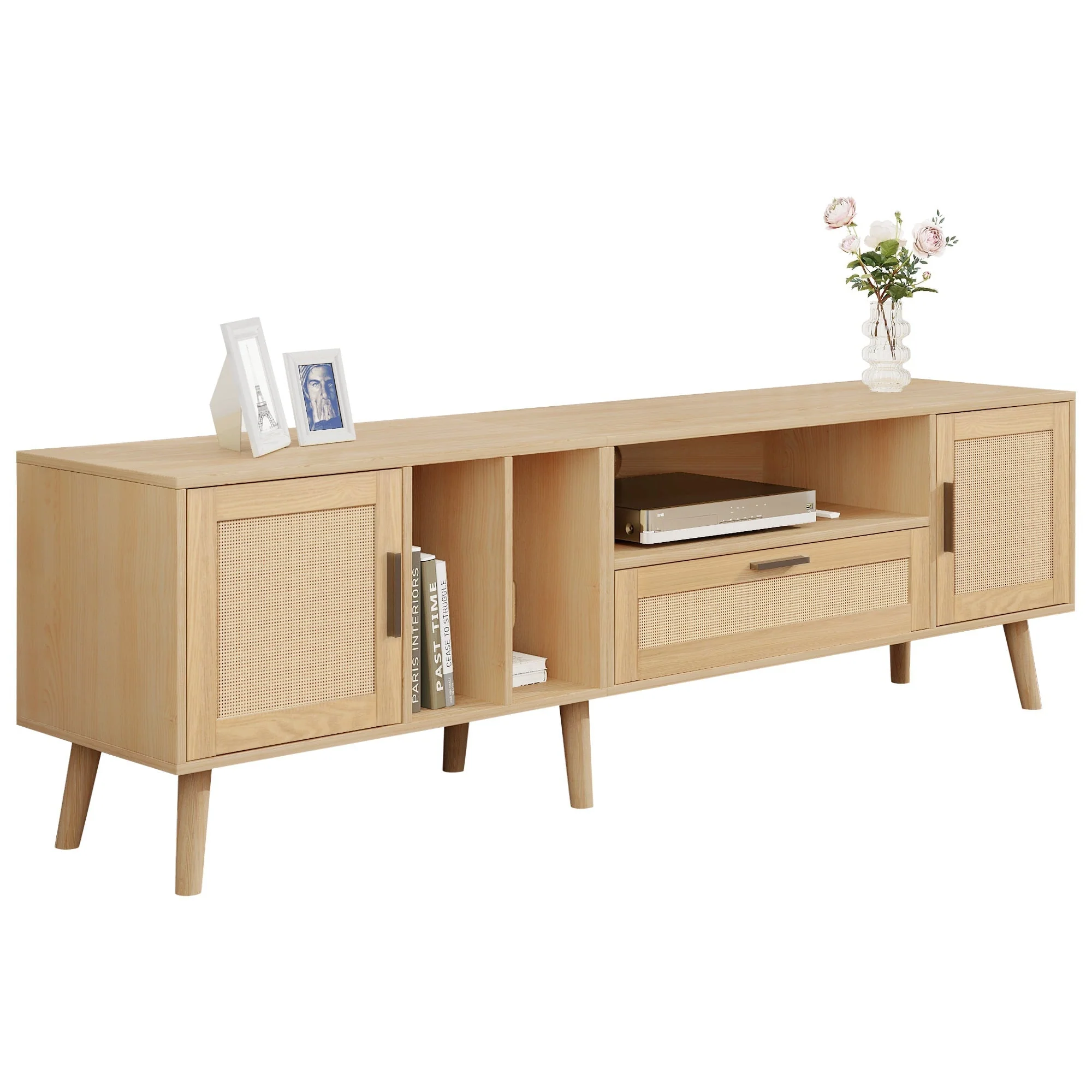 TV Cabinet, 180cm Rattan with 2 Doors & 1 Drawer, Solid Wood - Image 7