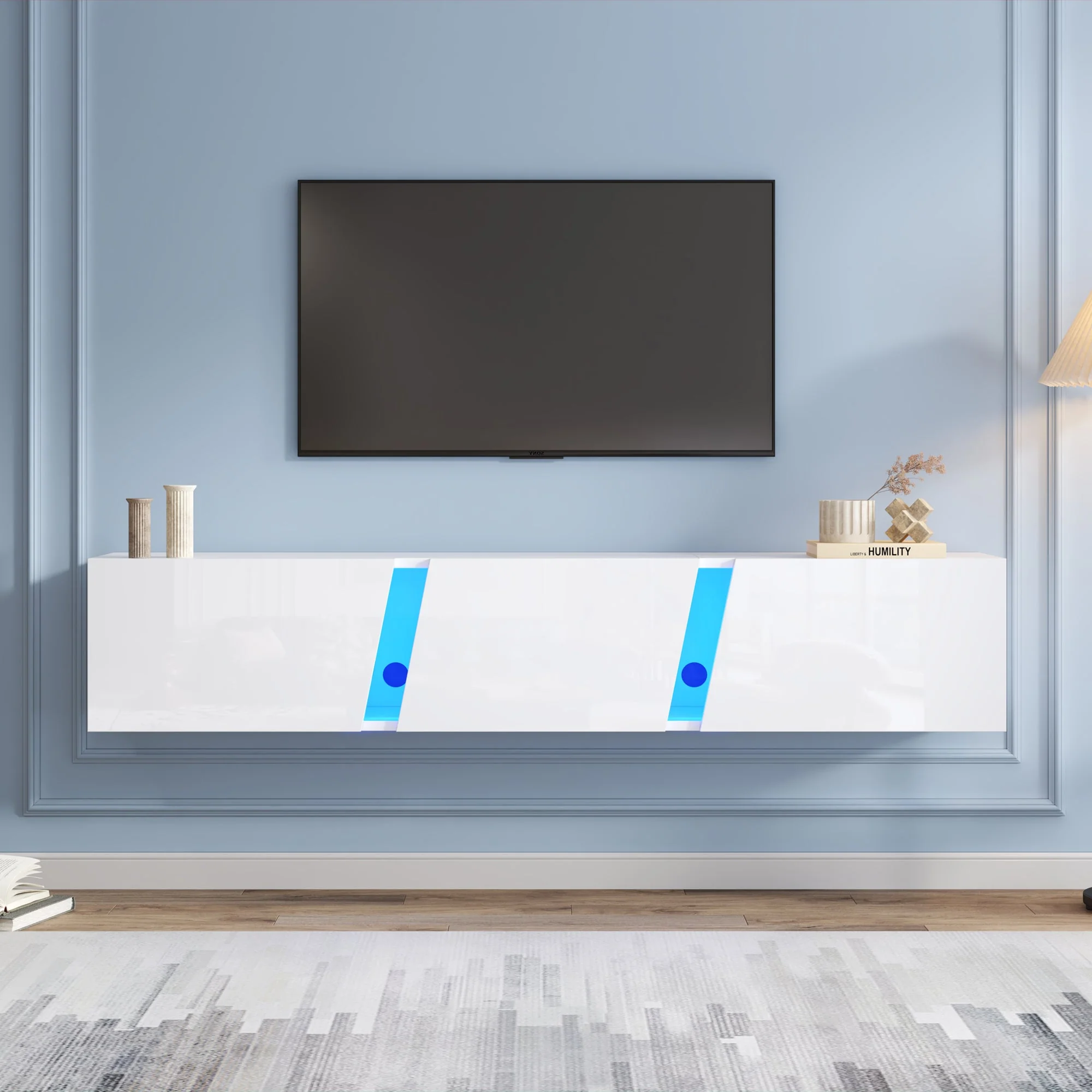 TV Cabinet 180cm Wall-Mounted Lowboard with LED Lights, 3 Doors, White - Image 2