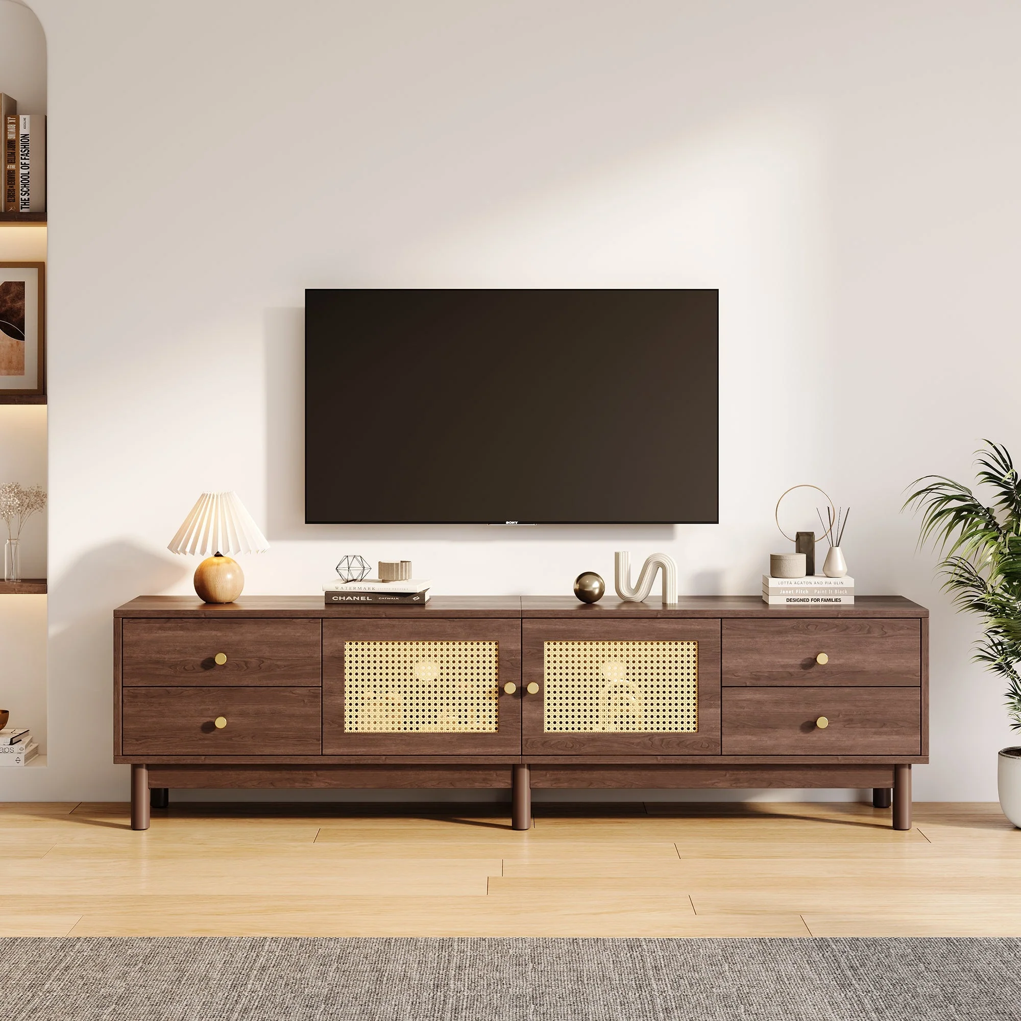 TV Cabinet, 180cm with Rattan Doors, 4 Drawers, Cable Management, Dark Wood - Image 6