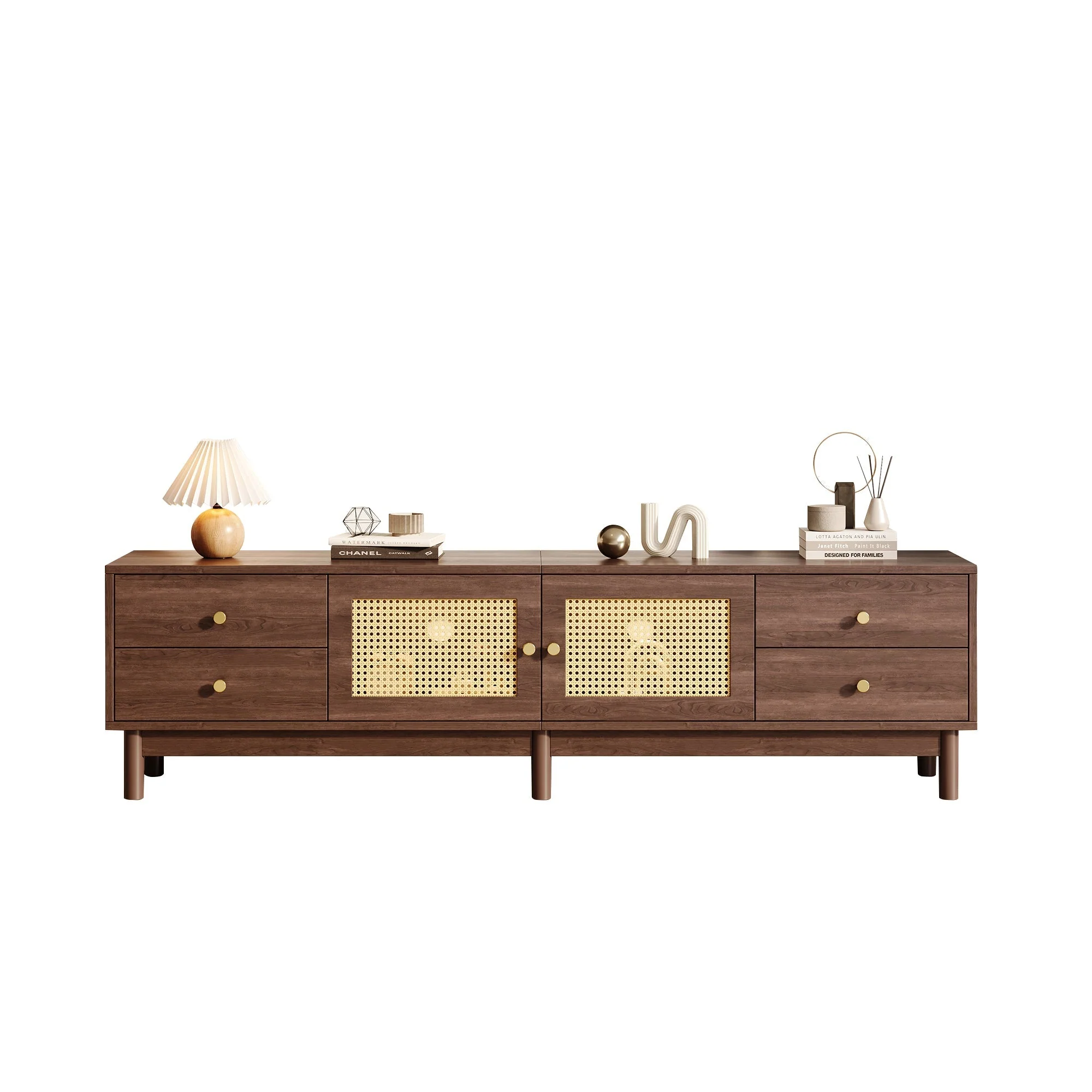 TV Cabinet, 180cm with Rattan Doors, 4 Drawers, Cable Management, Dark Wood - Image 8