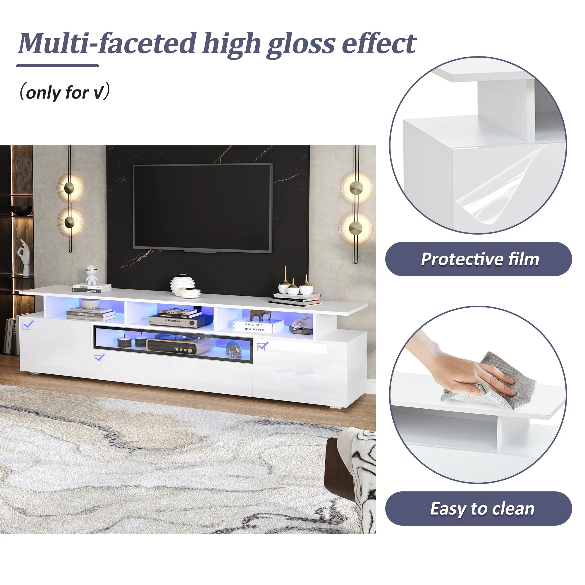 TV Cabinet, 180x38x45cm High-Gloss with 2 Cabinets, 1 Drawer, LED, for 75-inch TVs - Image 7