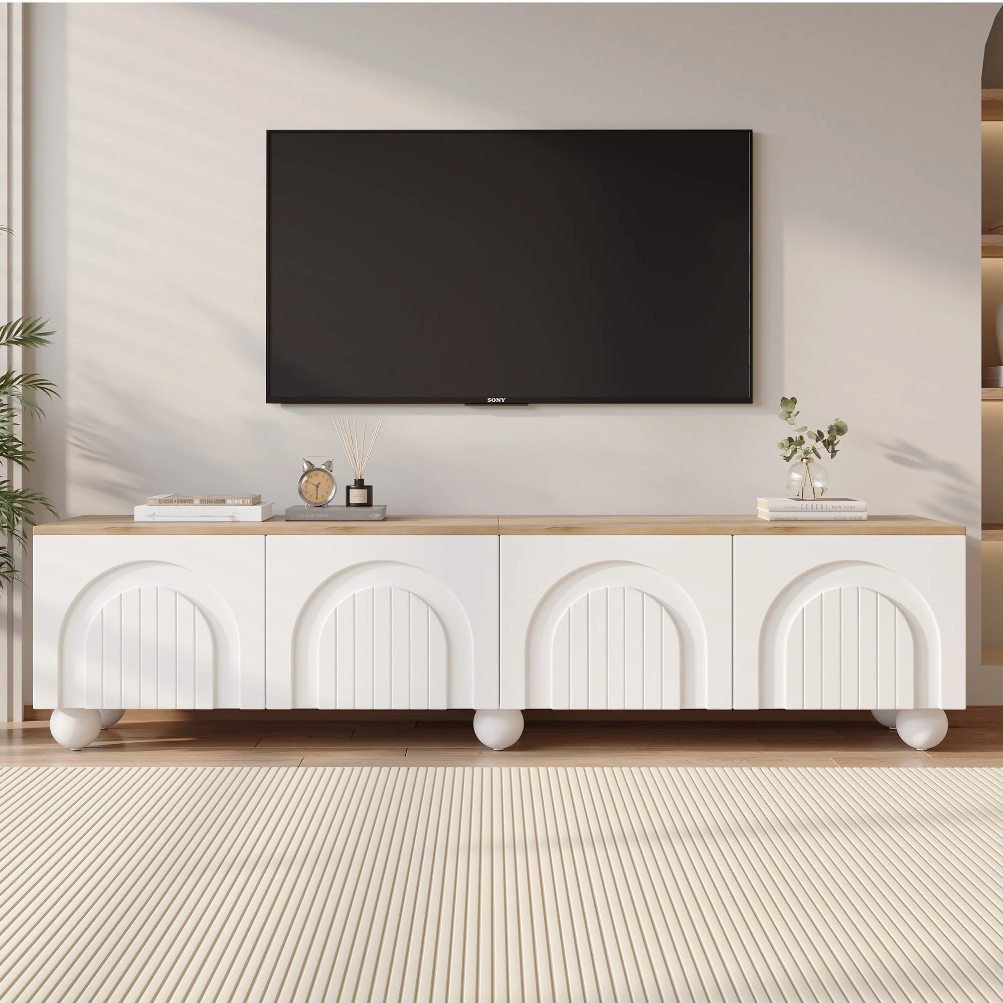 TV Cabinet 180x40x45cm 4 Shelves Metal Legs for 80-inch TV, Wood Color/White``` json
{"cell_value": "TV Cabinet 180x40x45cm 4 Shelves Metal Legs for 80-inch TV, Wood Color/White"}
```