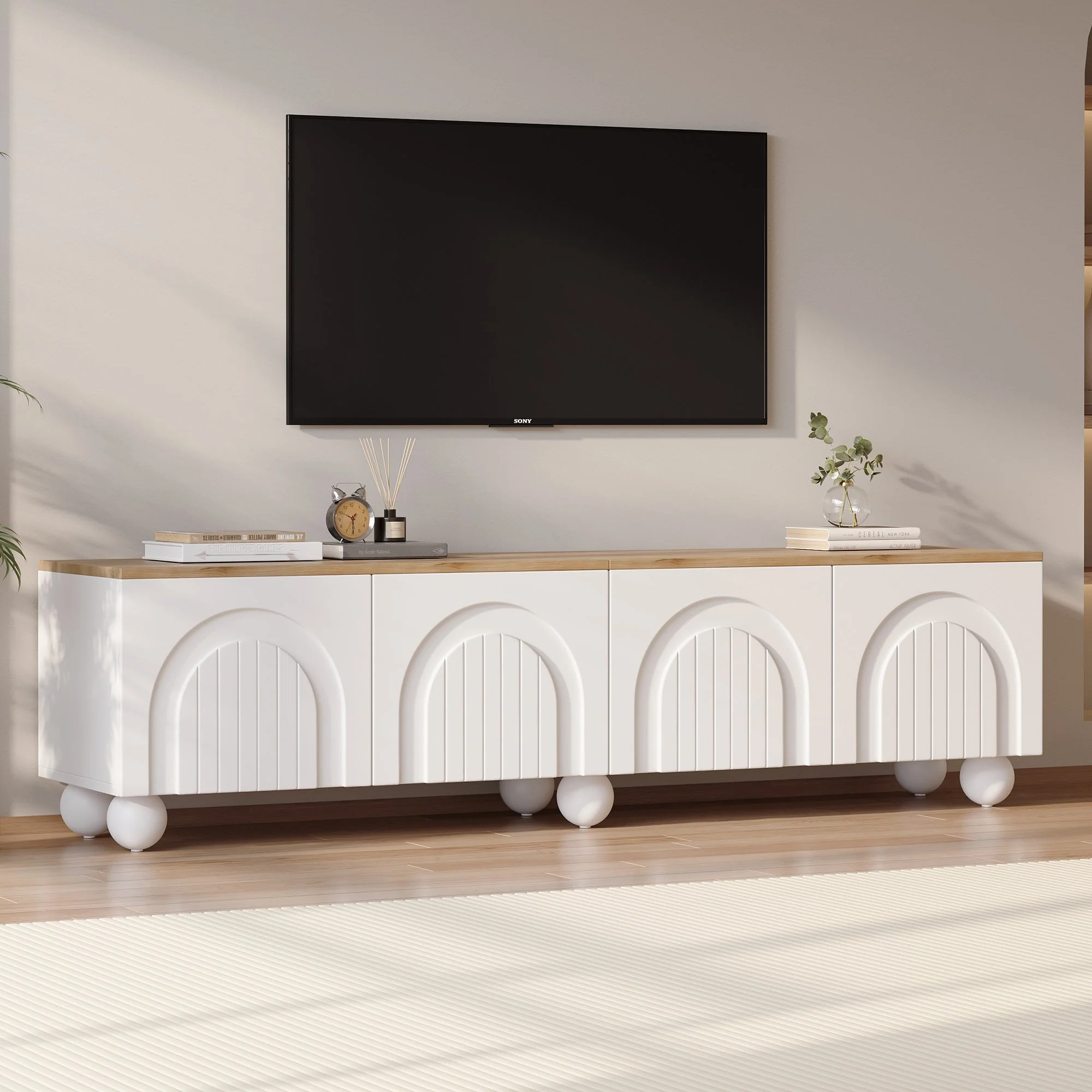 TV Cabinet 180x40x45cm 4 Shelves Metal Legs for 80-inch TV, Wood Color/White``` json
{"cell_value": "TV Cabinet 180x40x45cm 4 Shelves Metal Legs for 80-inch TV, Wood Color/White"}
``` - Image 2