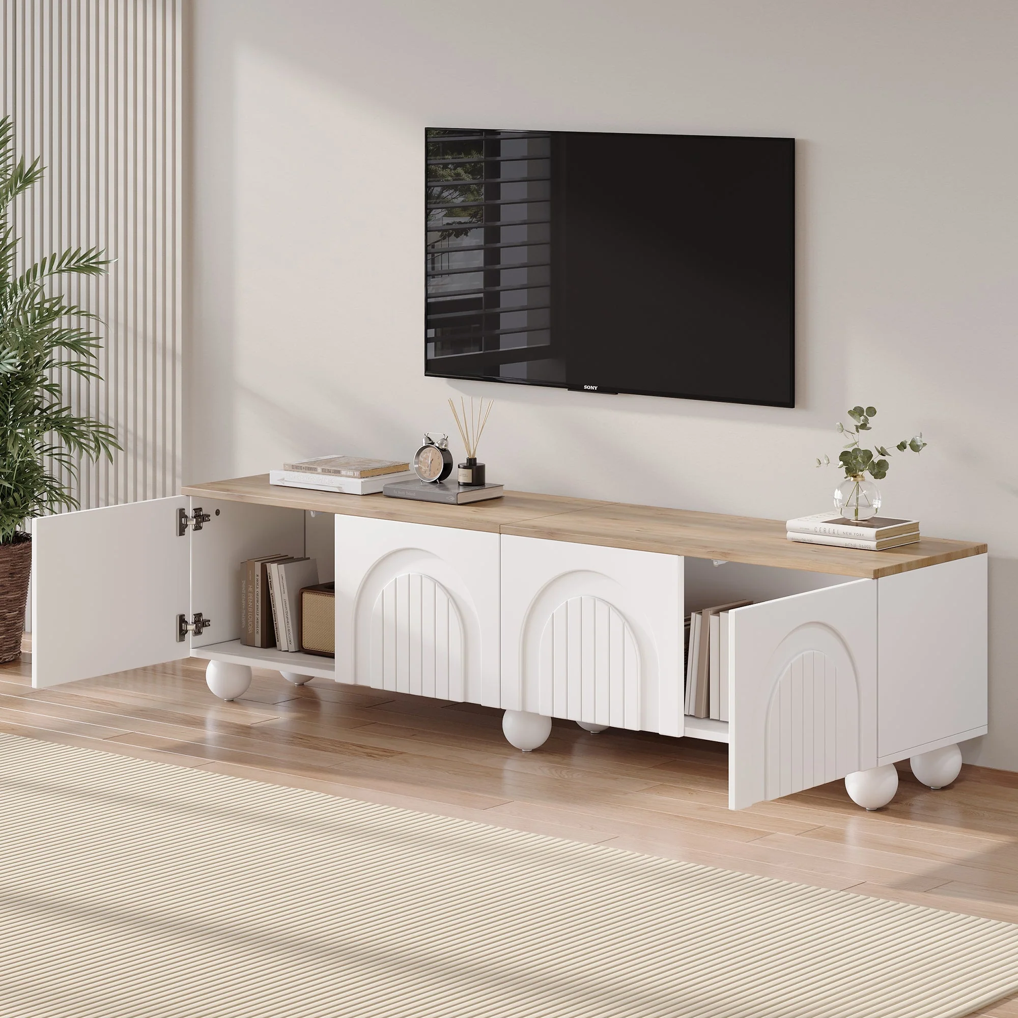 TV Cabinet 180x40x45cm 4 Shelves Metal Legs for 80-inch TV, Wood Color/White``` json
{"cell_value": "TV Cabinet 180x40x45cm 4 Shelves Metal Legs for 80-inch TV, Wood Color/White"}
``` - Image 3