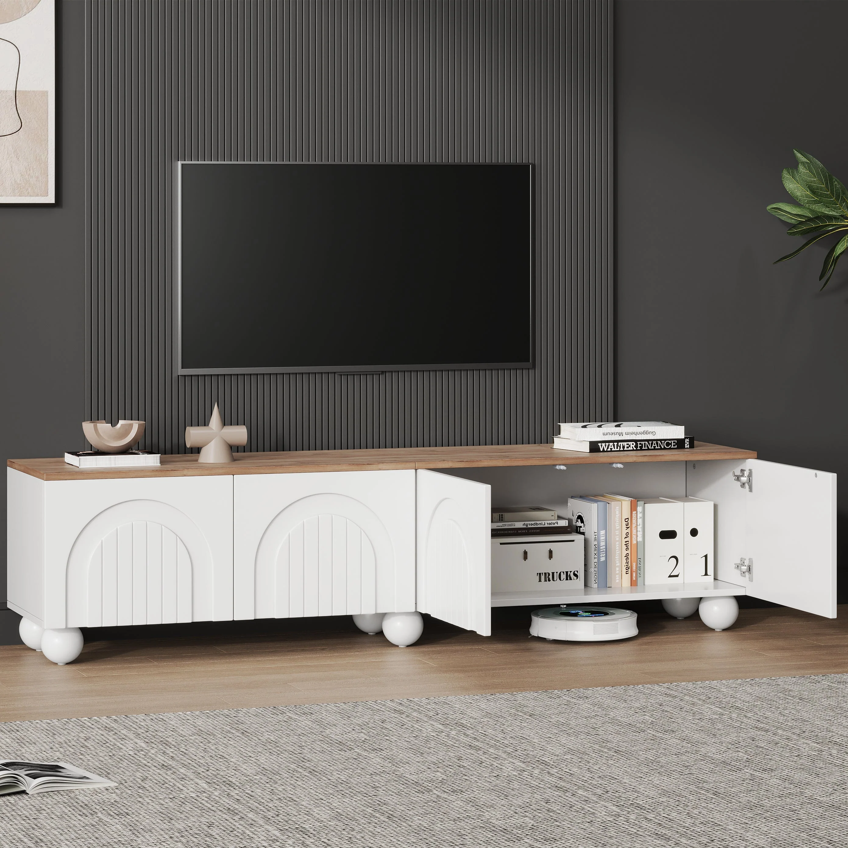 TV Cabinet 180x40x45cm 4 Shelves Metal Legs for 80-inch TV, Wood Color/White``` json
{"cell_value": "TV Cabinet 180x40x45cm 4 Shelves Metal Legs for 80-inch TV, Wood Color/White"}
``` - Image 4