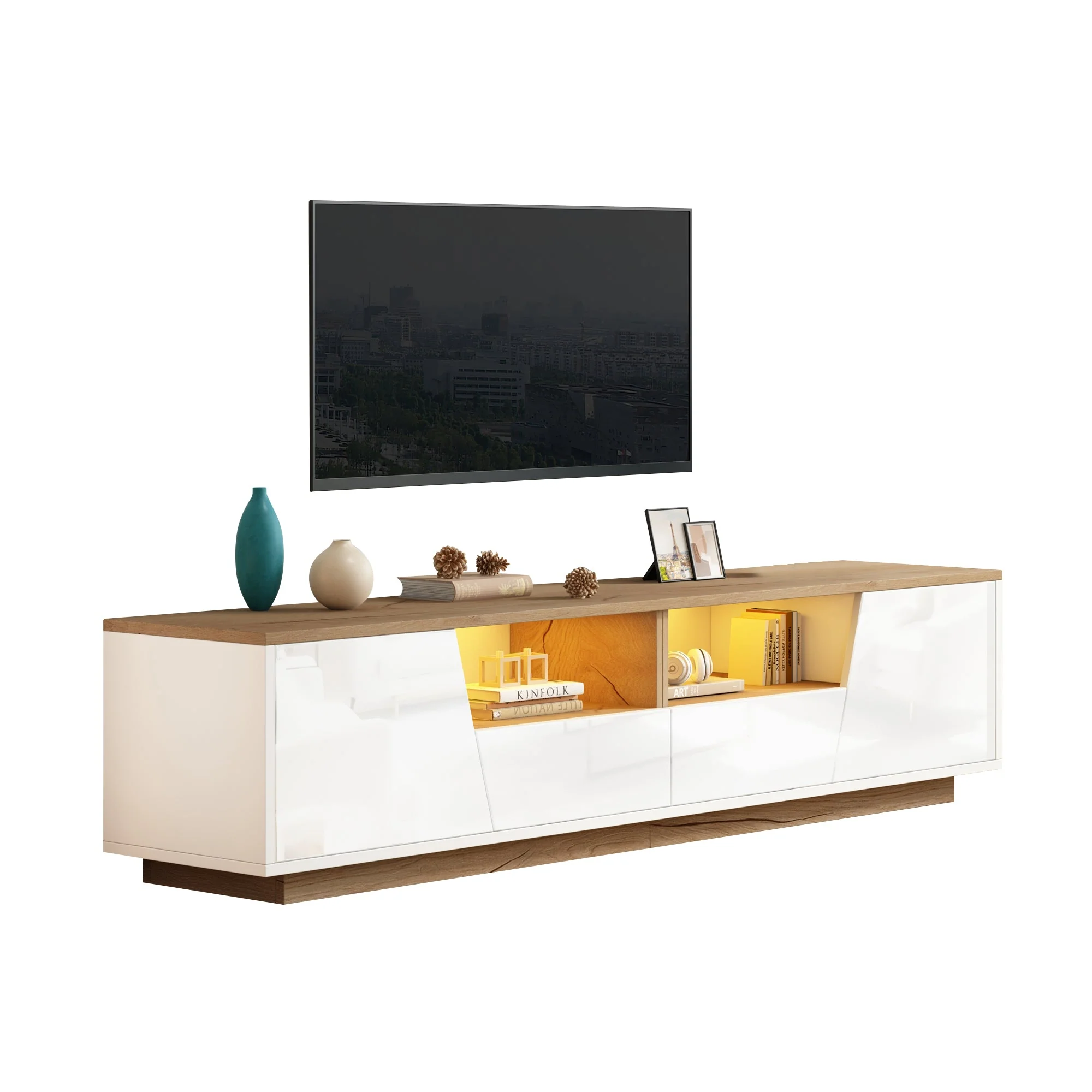 TV Cabinet 180x40x46cm LED High-Gloss Storage for 75 Inch TVs, White/Wood Splice - Image 8