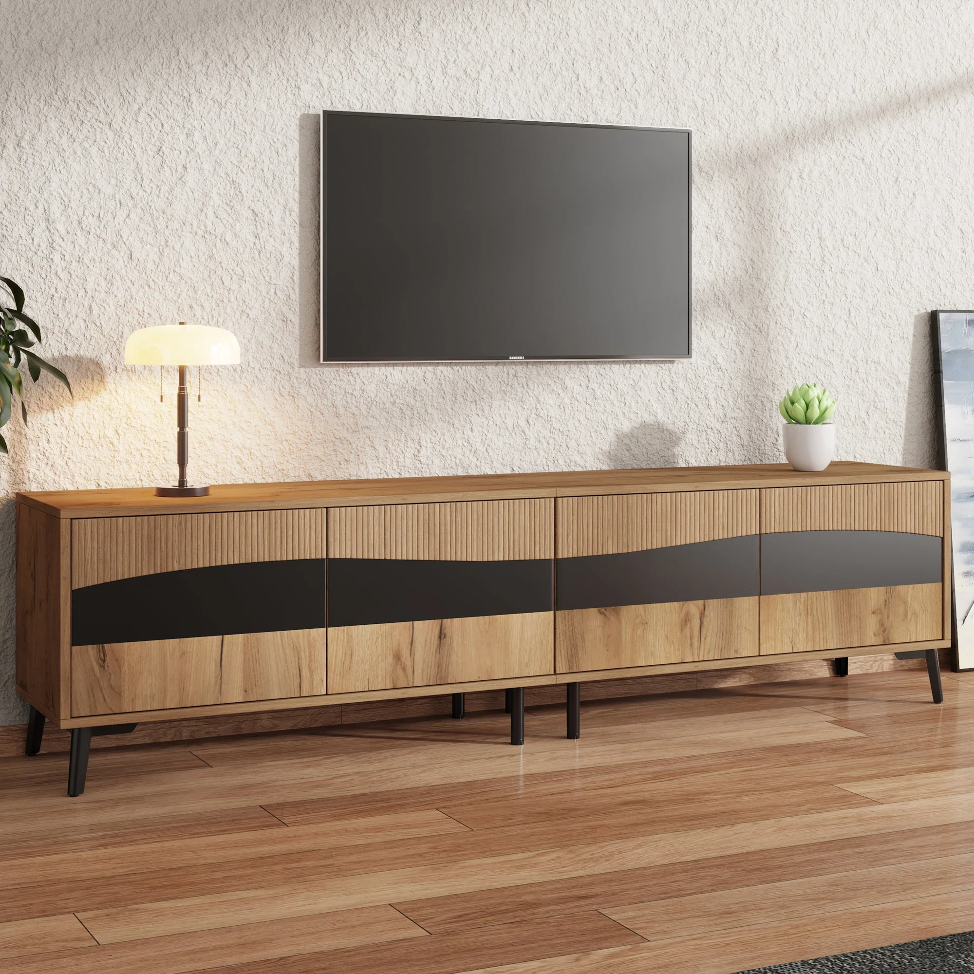 TV Cabinet, 180x40x50cm, 4 Cabinets, Symmetrical Design, Wood & Black