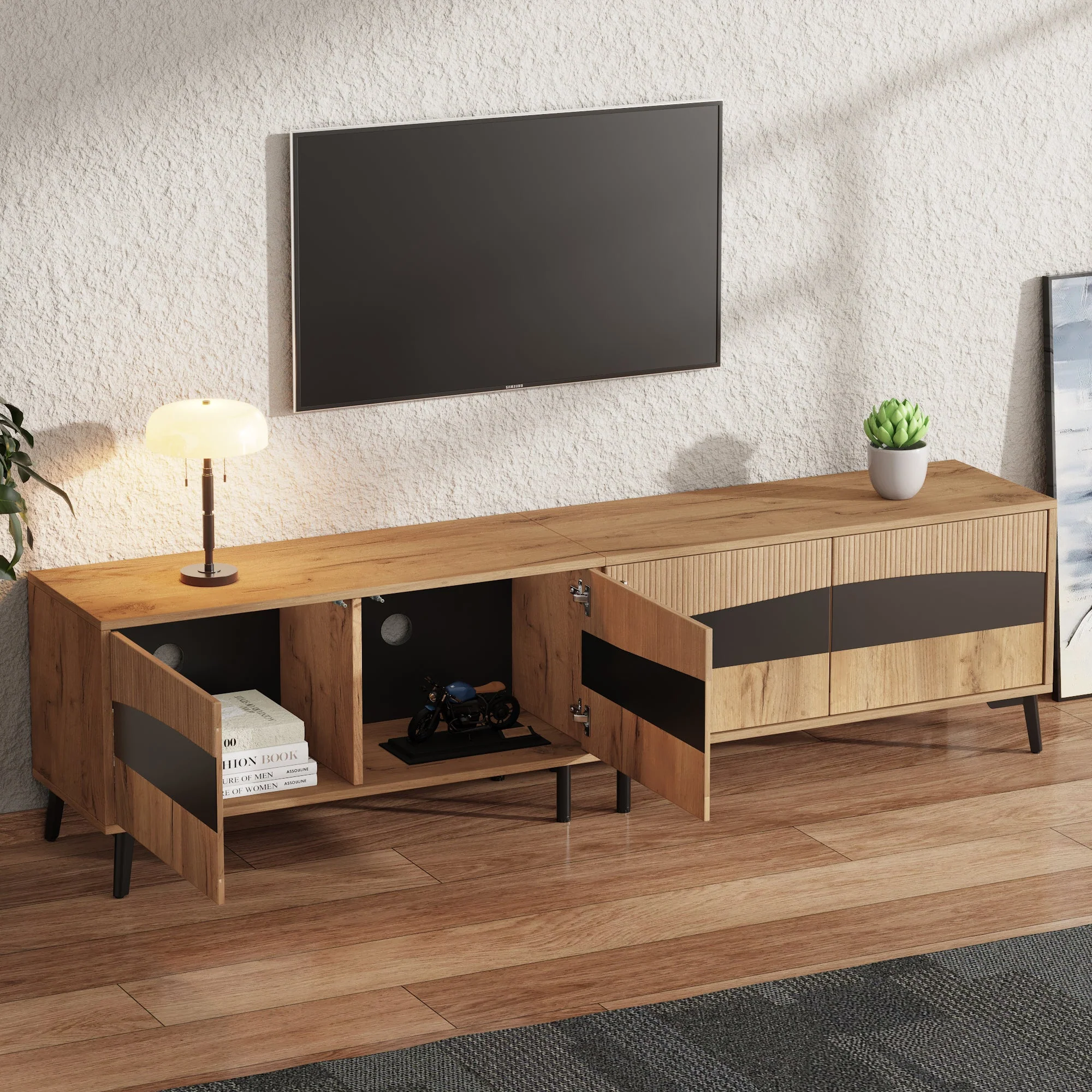 TV Cabinet, 180x40x50cm, 4 Cabinets, Symmetrical Design, Wood & Black - Image 2
