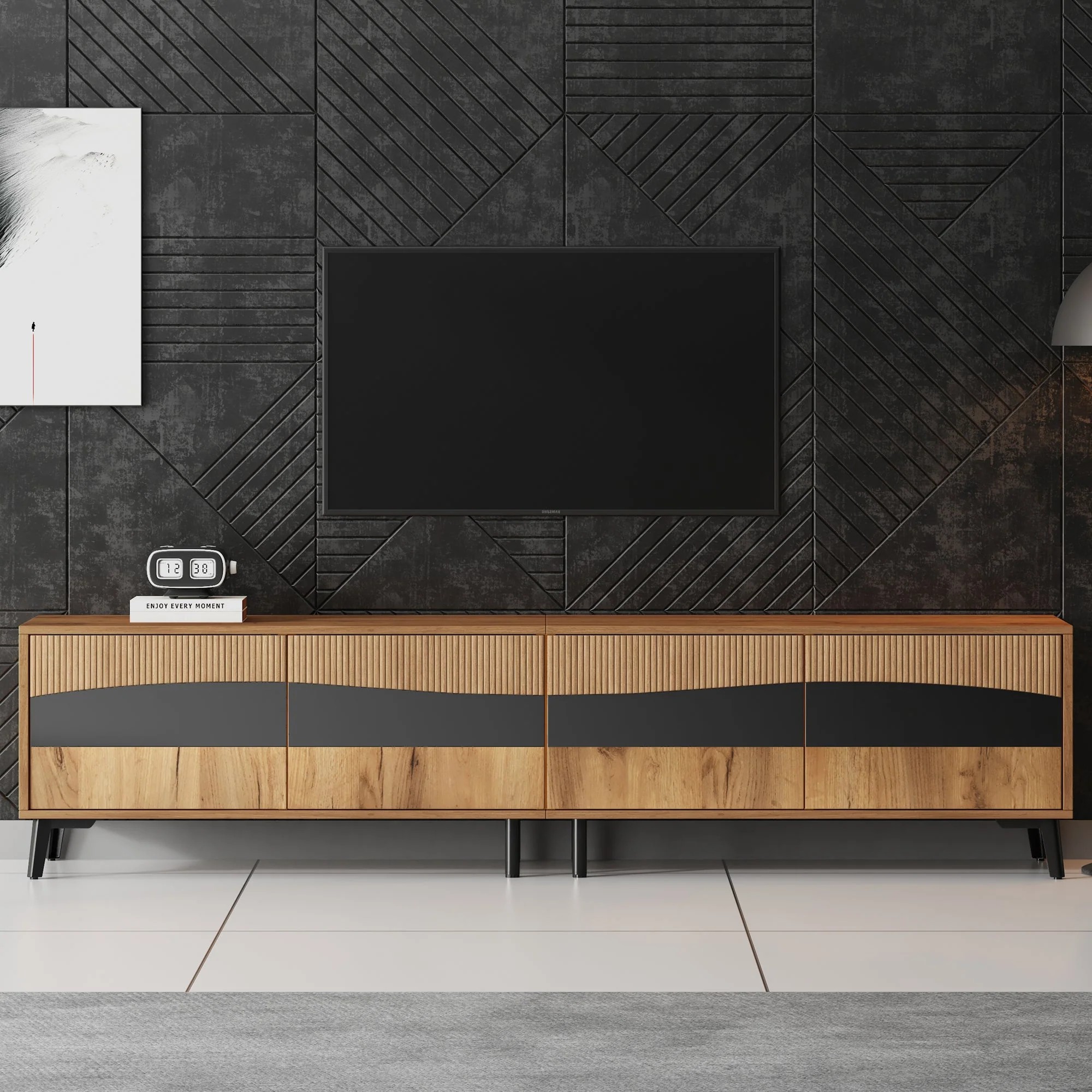 TV Cabinet, 180x40x50cm, 4 Cabinets, Symmetrical Design, Wood & Black - Image 3