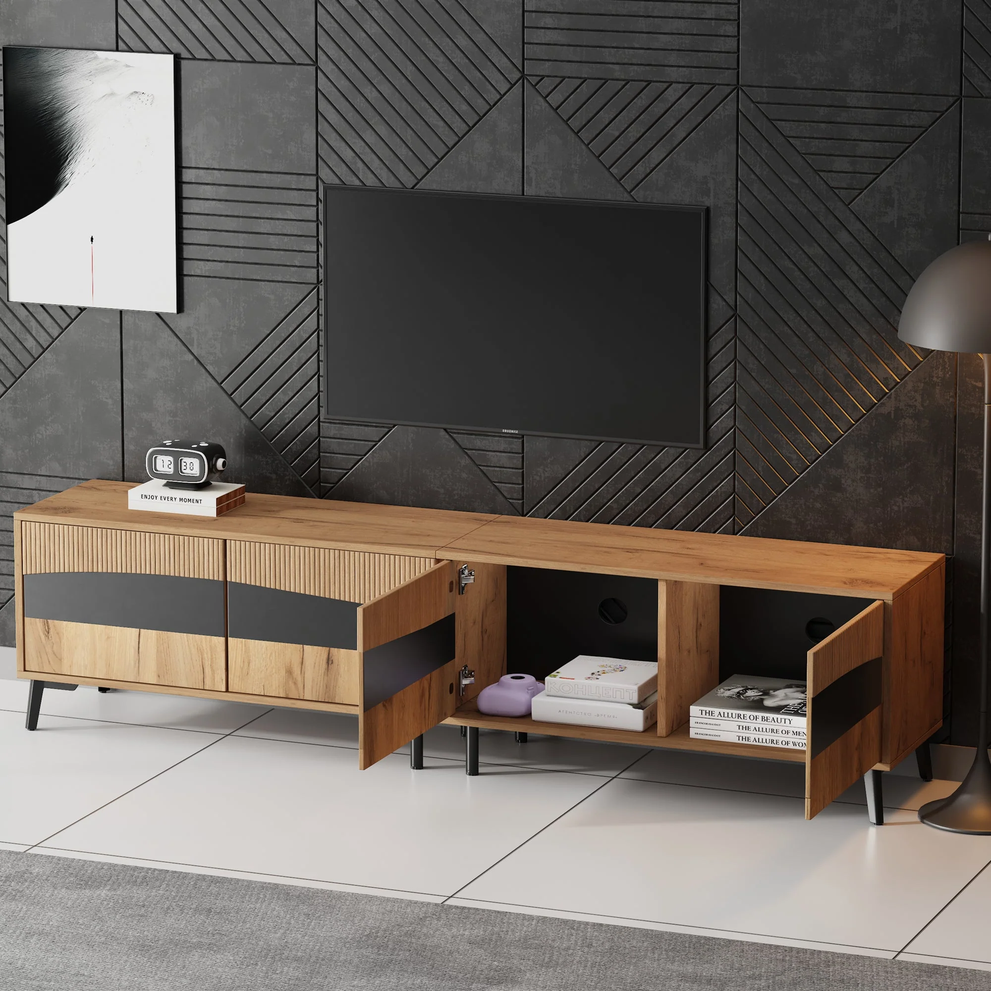 TV Cabinet, 180x40x50cm, 4 Cabinets, Symmetrical Design, Wood & Black - Image 4