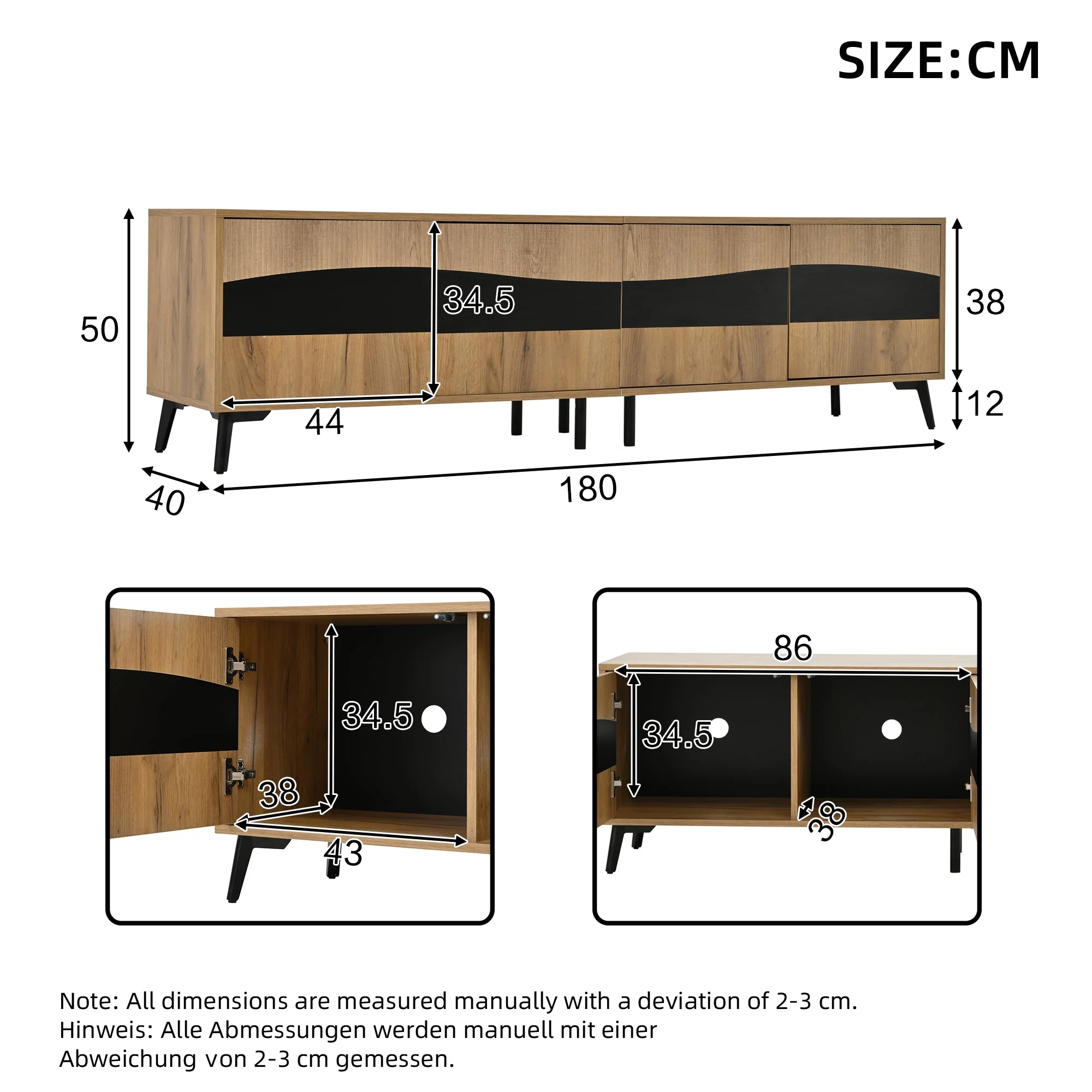 TV Cabinet, 180x40x50cm, 4 Cabinets, Symmetrical Design, Wood & Black - Image 8
