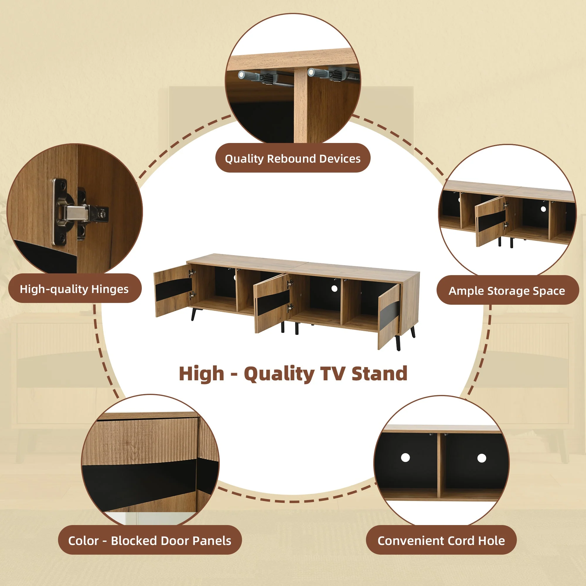 TV Cabinet, 180x40x50cm, 4 Cabinets, Symmetrical Design, Wood & Black - Image 9
