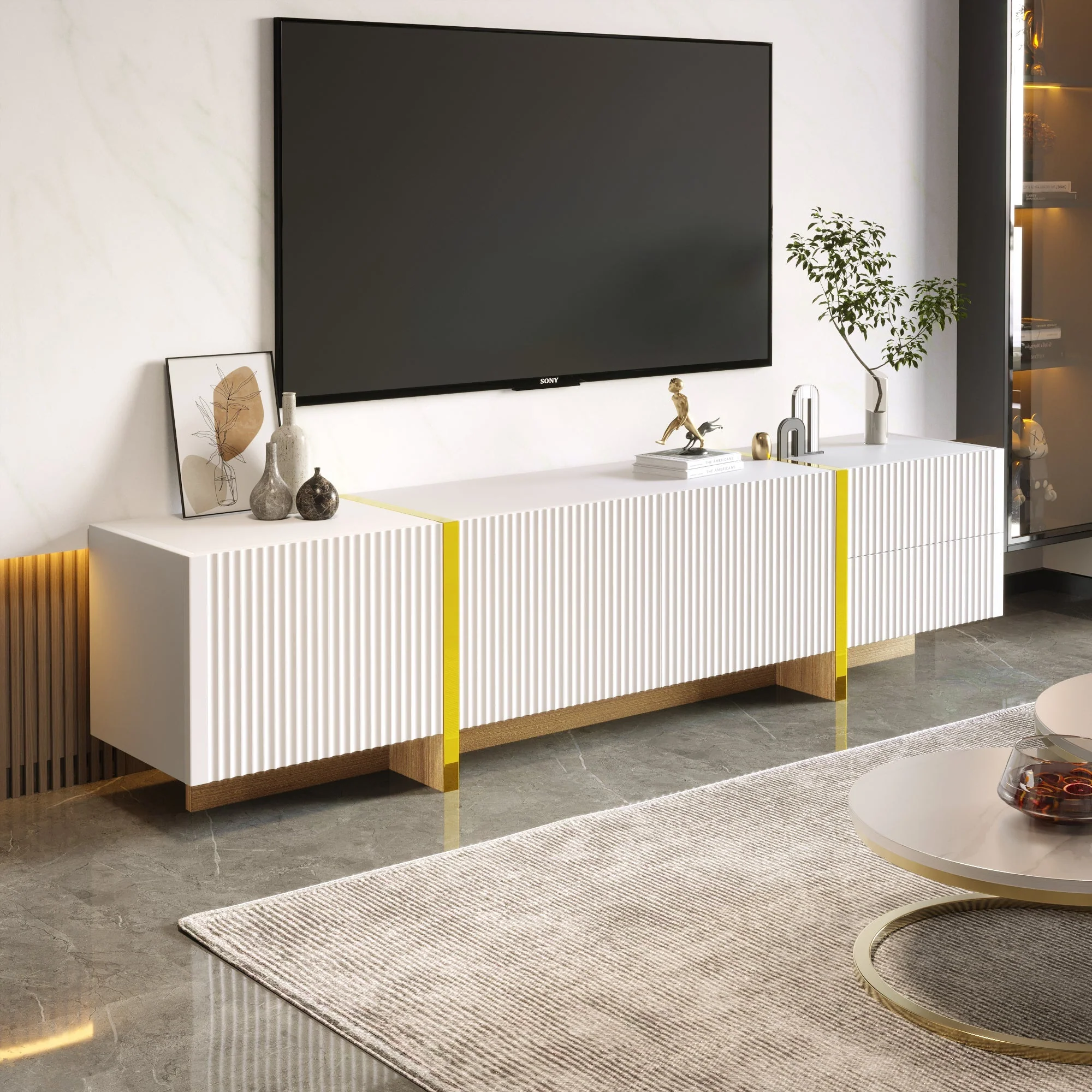 TV Cabinet 190 cm 3 Doors 2 Drawers, White Gold Wood Grain - Image 3