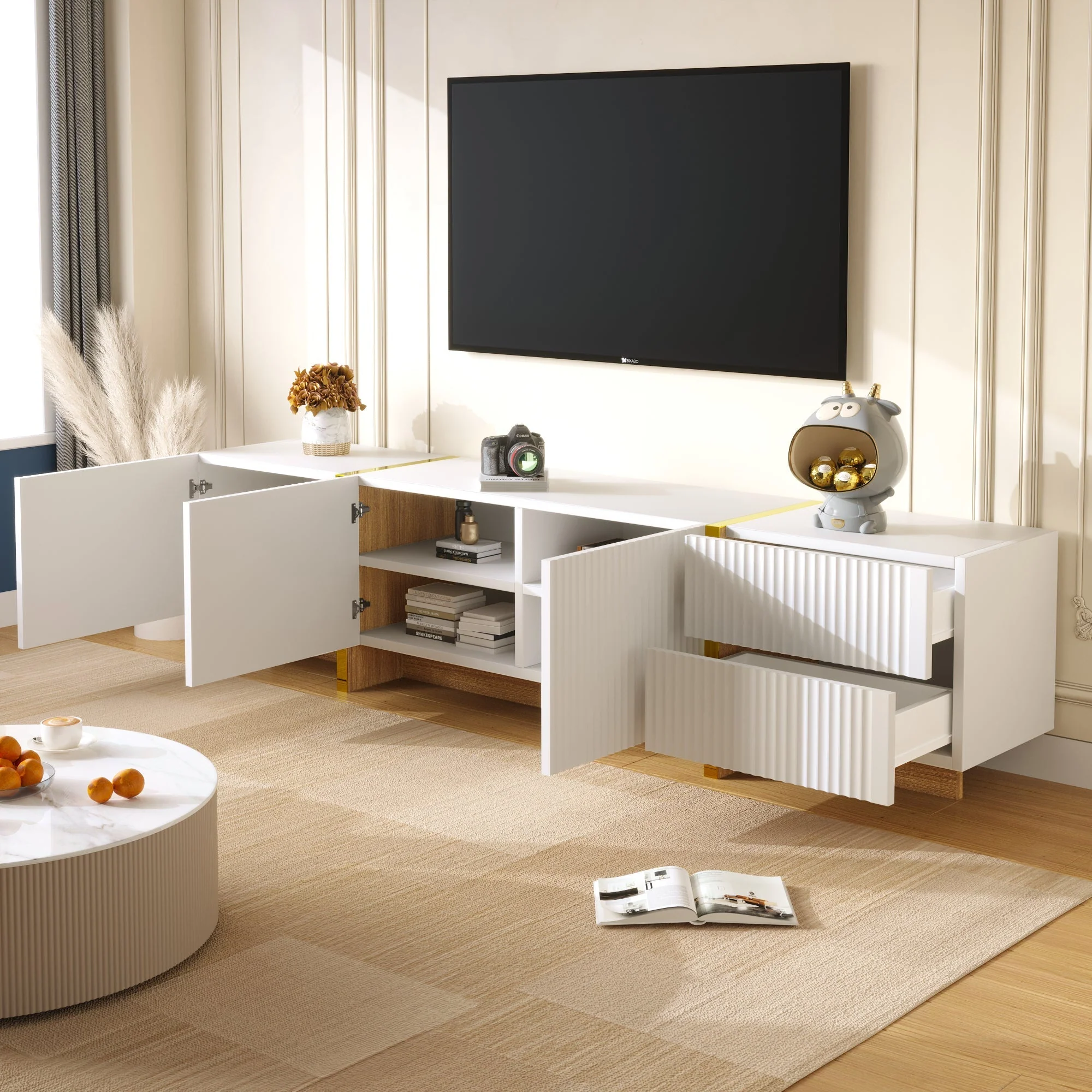 TV Cabinet, 190cm 3 Doors 2 Drawers, White with Gold & Wood Grain - Image 5
