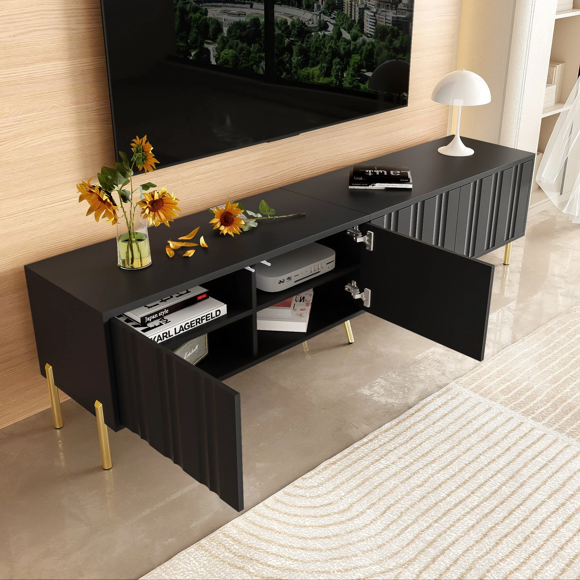 TV Cabinet 190cm Gold Table Legs - Black - Image 4