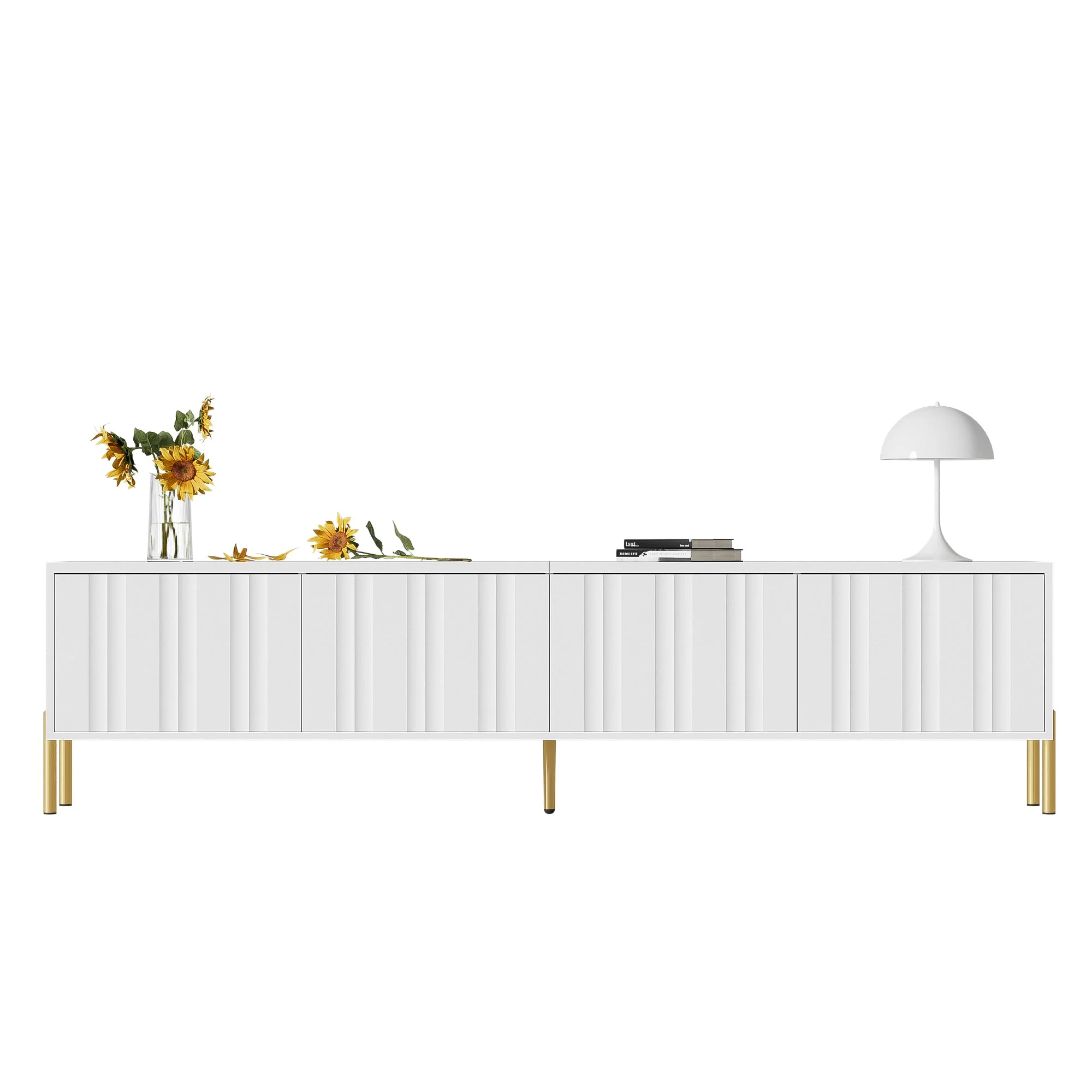 TV Cabinet 190cm Grooved Door Gold Legs - White - Image 2