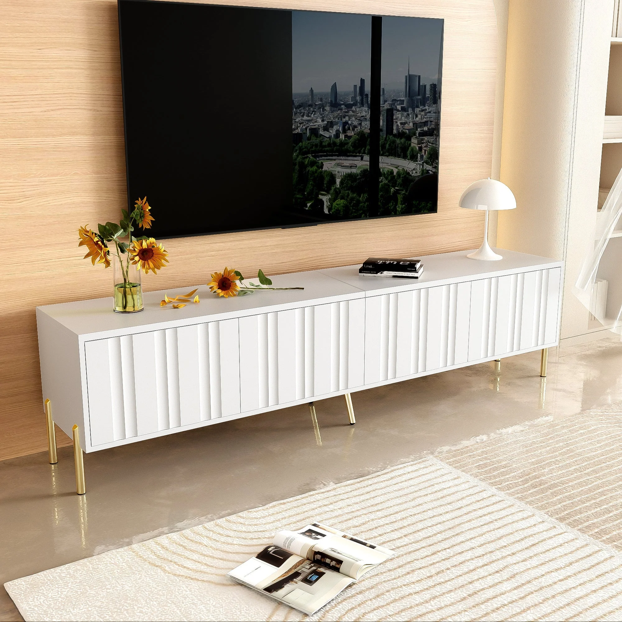 TV Cabinet 190cm Grooved Door Gold Legs - White - Image 3