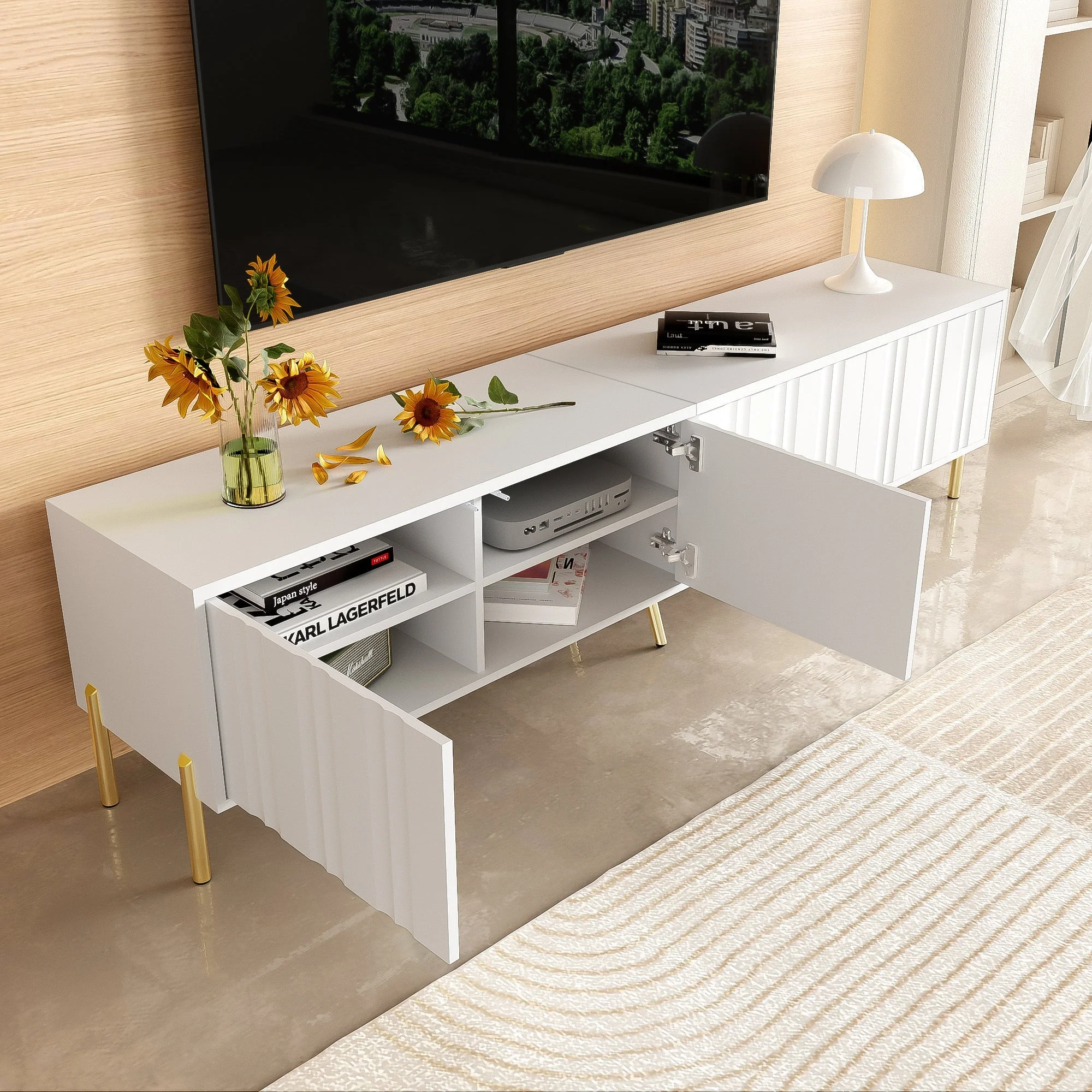 TV Cabinet 190cm Grooved Door Gold Legs - White - Image 4