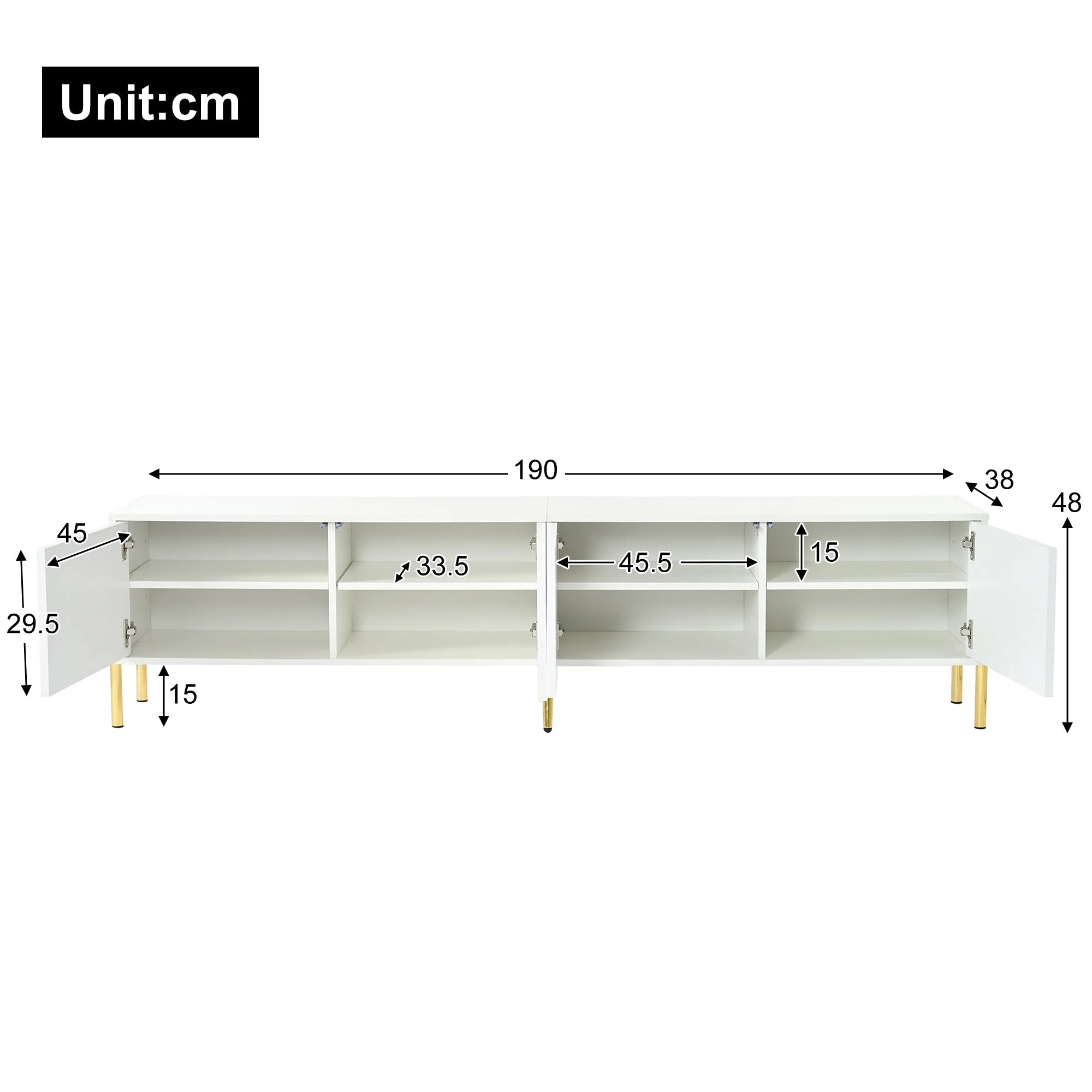 TV Cabinet 190cm Grooved Door Gold Legs - White - Image 5