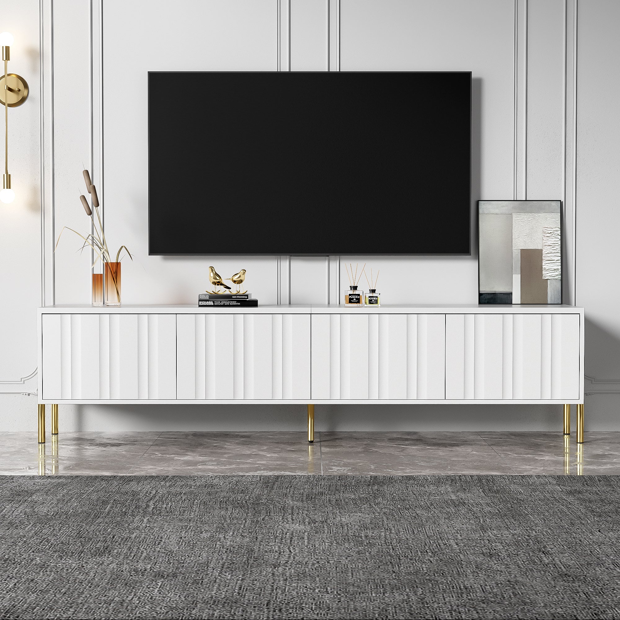TV Cabinet 190cm Grooved Door Gold Legs - White - Image 6