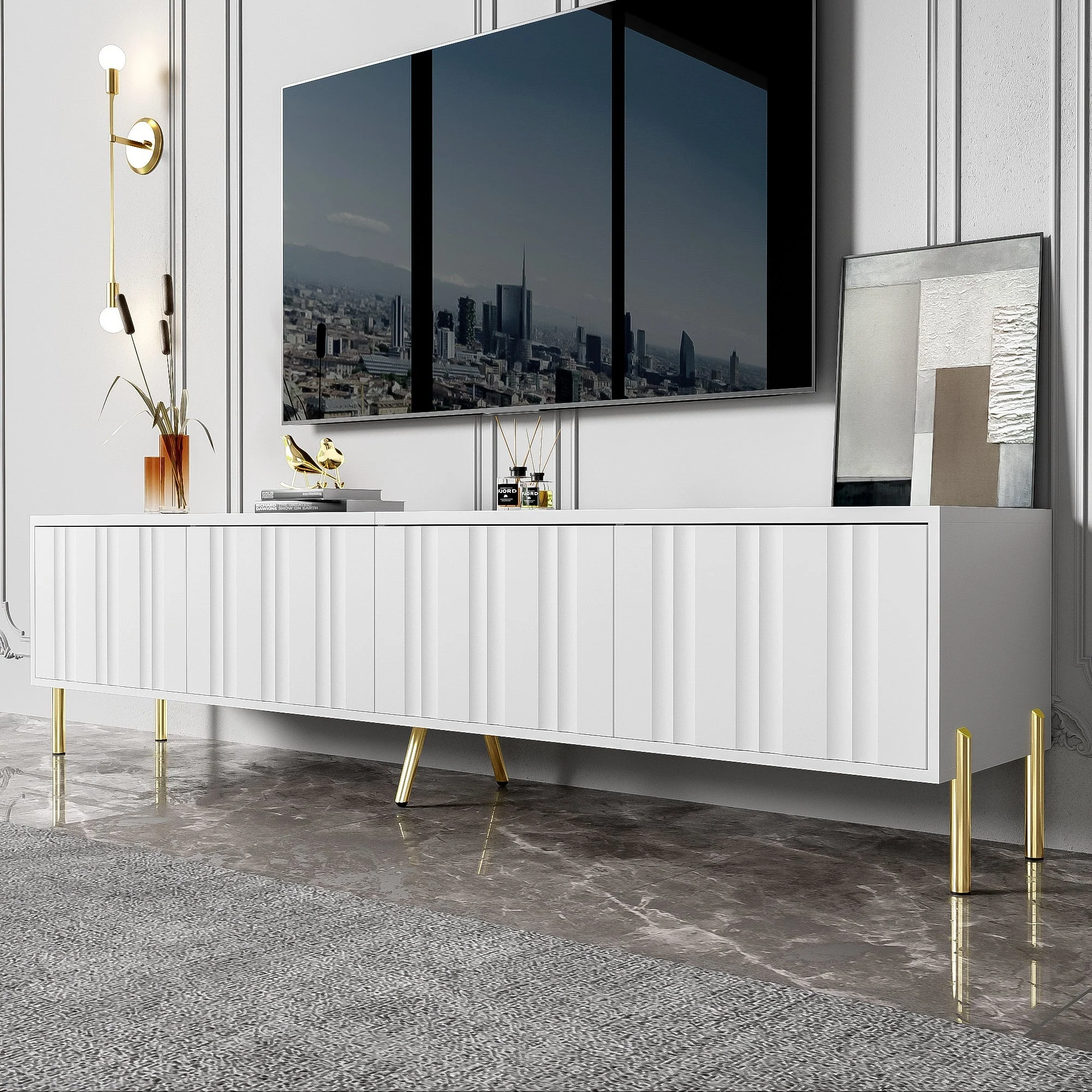 TV Cabinet 190cm Grooved Door Gold Legs - White - Image 7