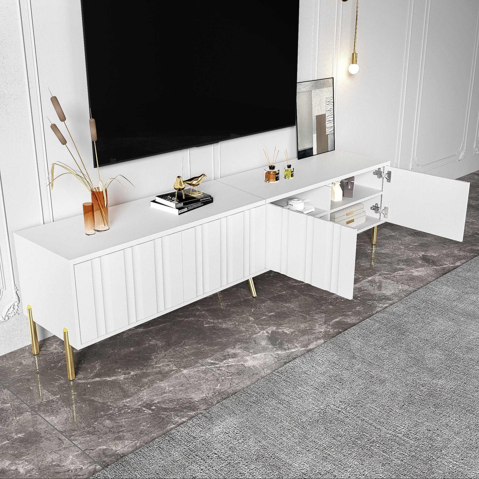TV Cabinet 190cm Grooved Door Gold Legs - White - Image 8