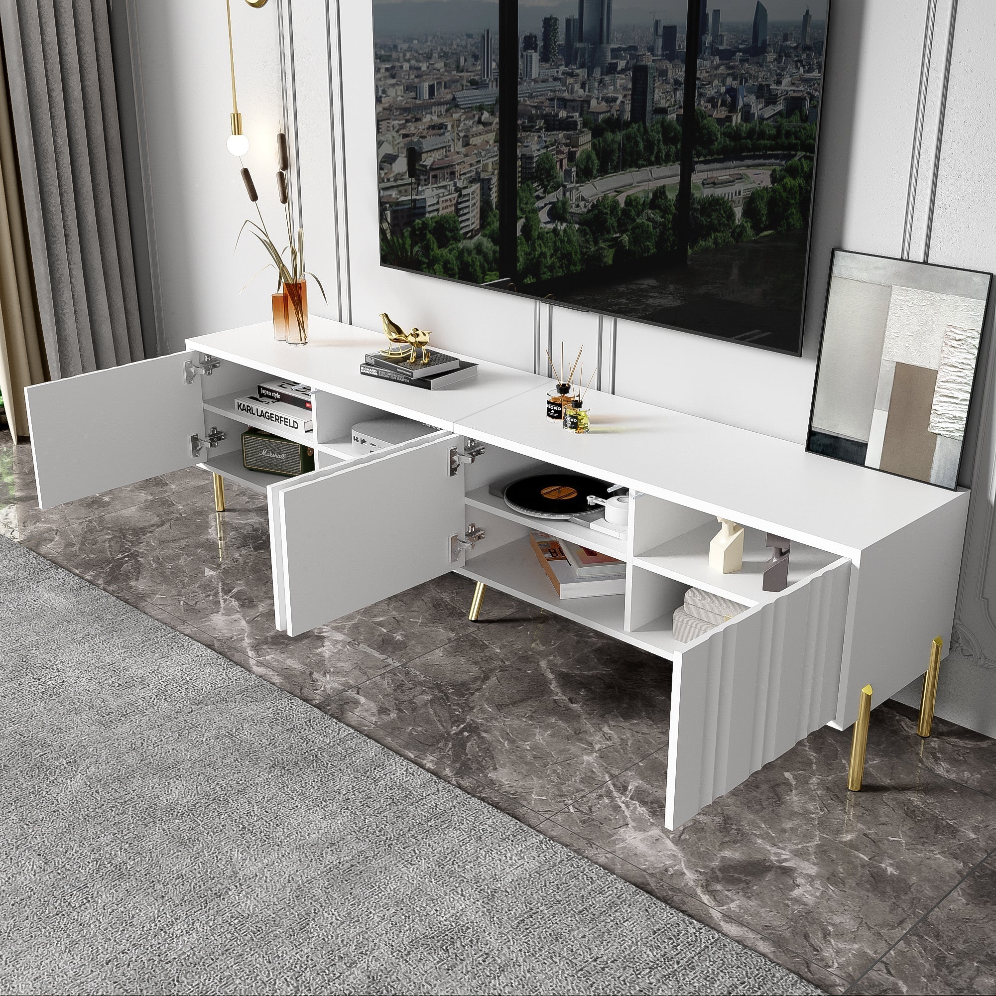 TV Cabinet 190cm Grooved Door Gold Legs - White - Image 9