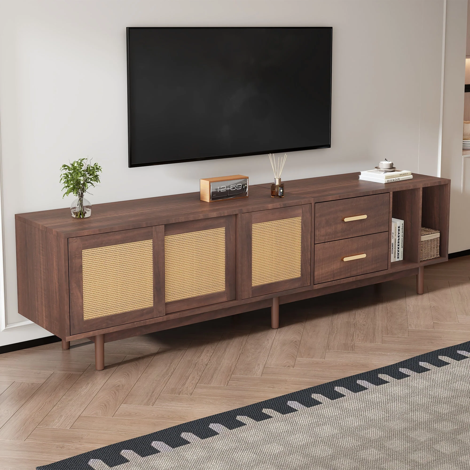 TV Cabinet, 190x40x52cm Lowboard with Drawers, Rattan MDF, Brown - Image 2