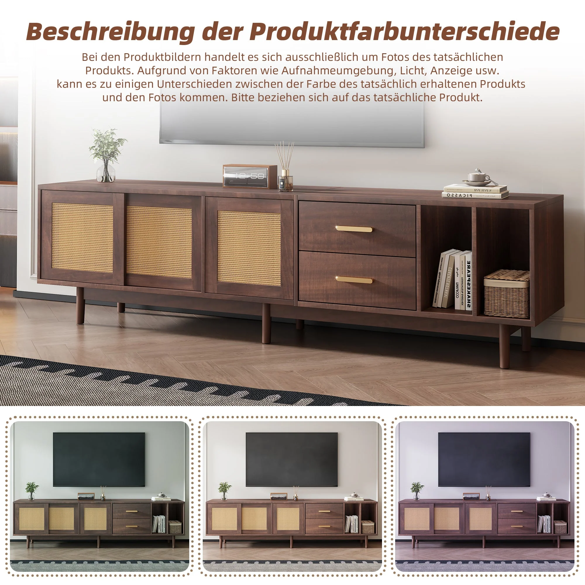 TV Cabinet, 190x40x52cm Lowboard with Drawers, Rattan MDF, Brown - Image 5