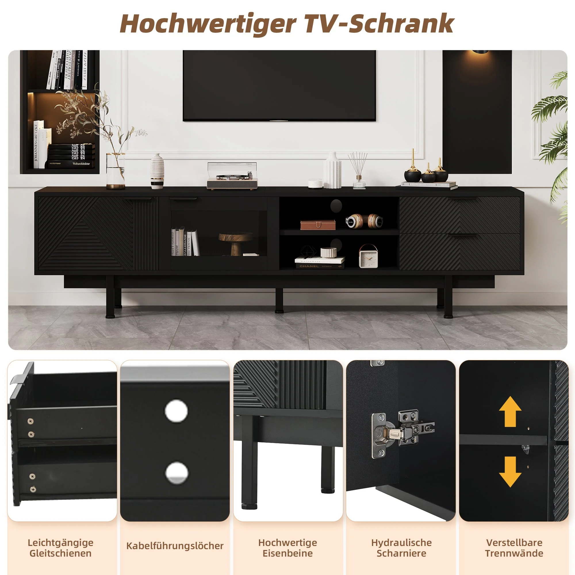 TV Cabinet, 2-Door 2-Drawer Lowboard TV Stand for 80-Inch TVs, Black - Image 6