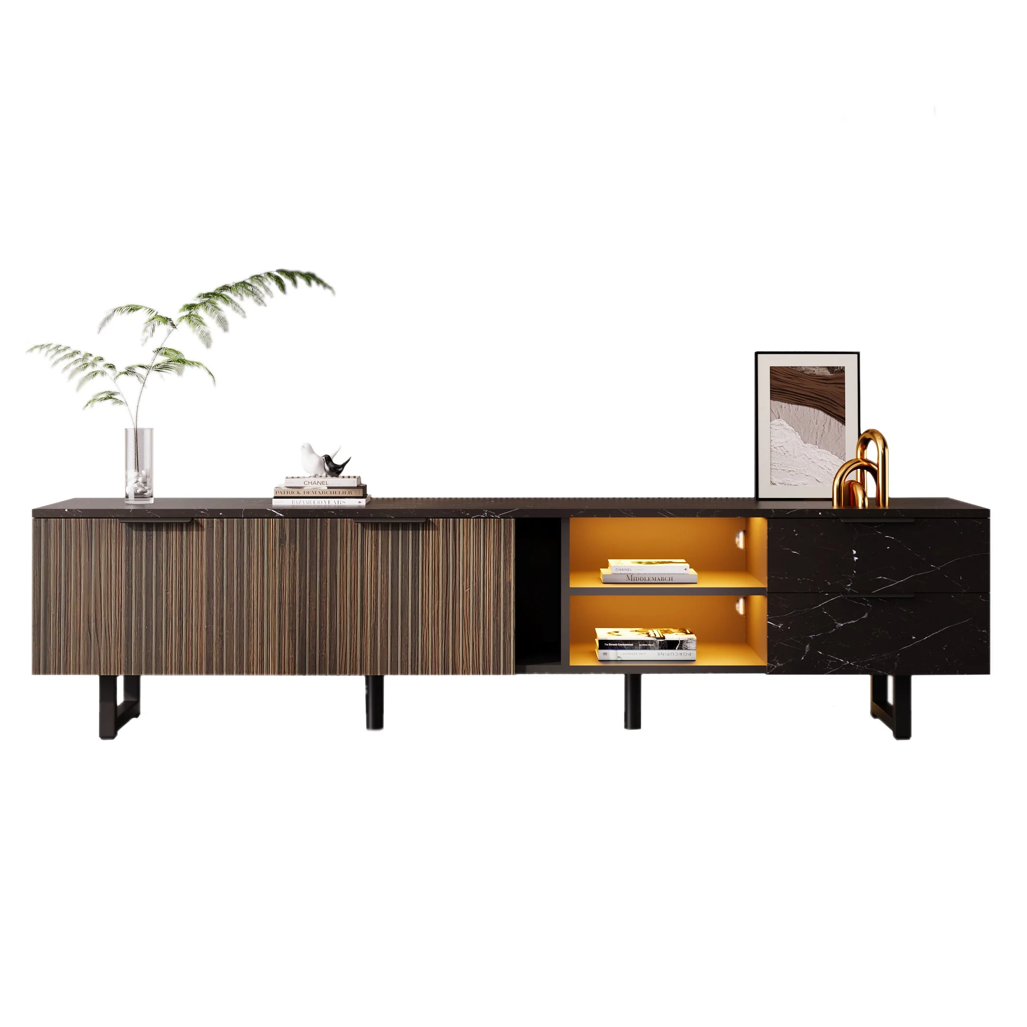 TV Cabinet, 200cm, Adjustable LED, 2 Doors, 2 Drawers, Black Marble & Dark Wood - Image 2