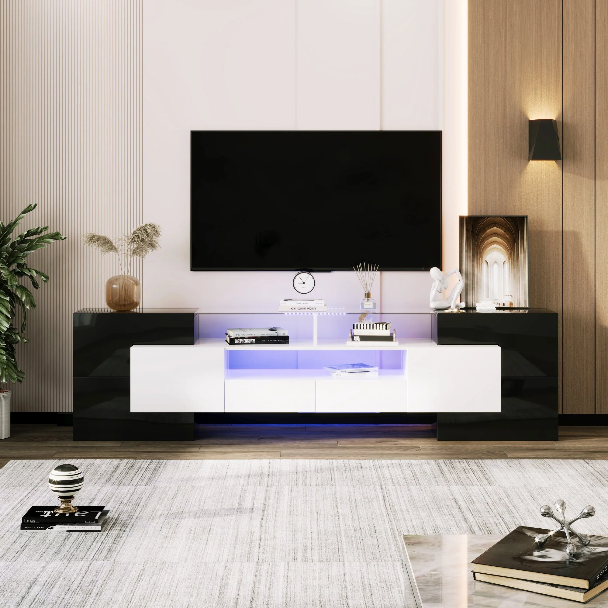TV Cabinet, 200cm LED Low Panel, High-Gloss White & Black - Image 2