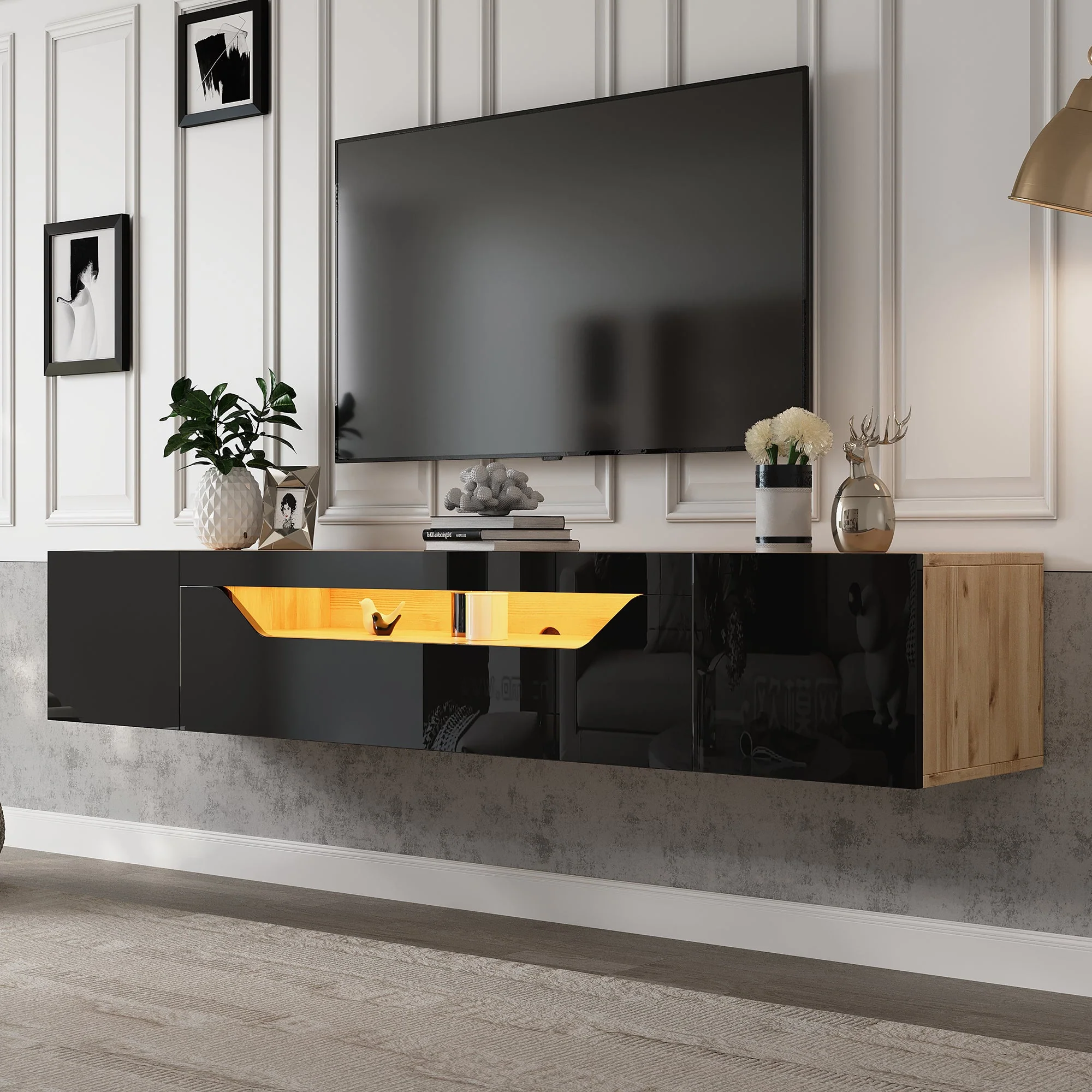 TV cabinet, 3 storage compartments, lowboard, floating wall board, LED light, wall-mountable, suitable for 75-inch TVs, black and wood color