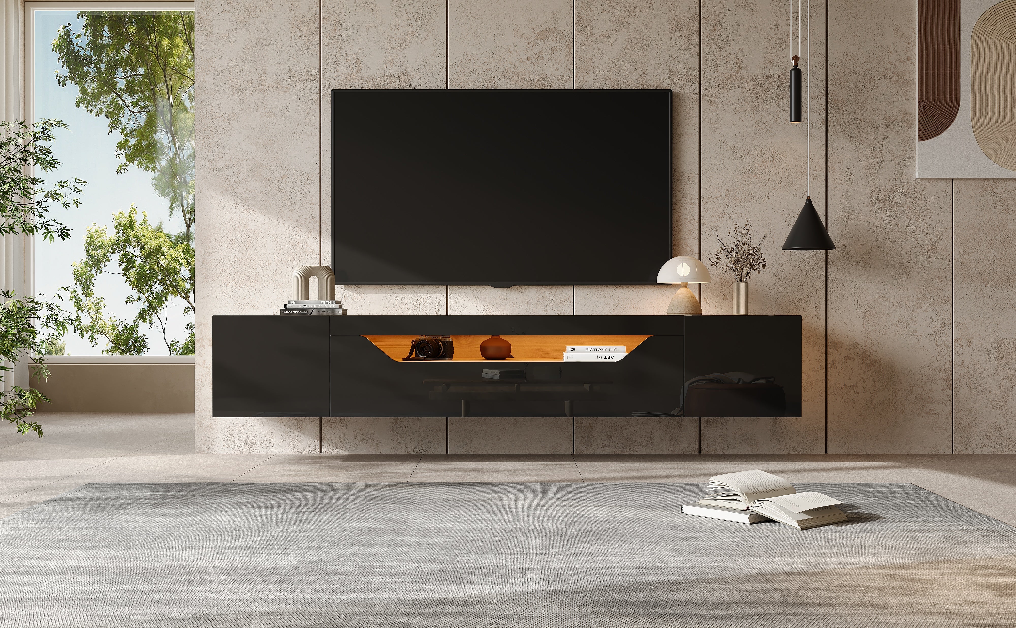 TV cabinet, 3 storage compartments, lowboard, floating wall board, LED light, wall-mountable, suitable for 75-inch TVs, black and wood color - Image 10