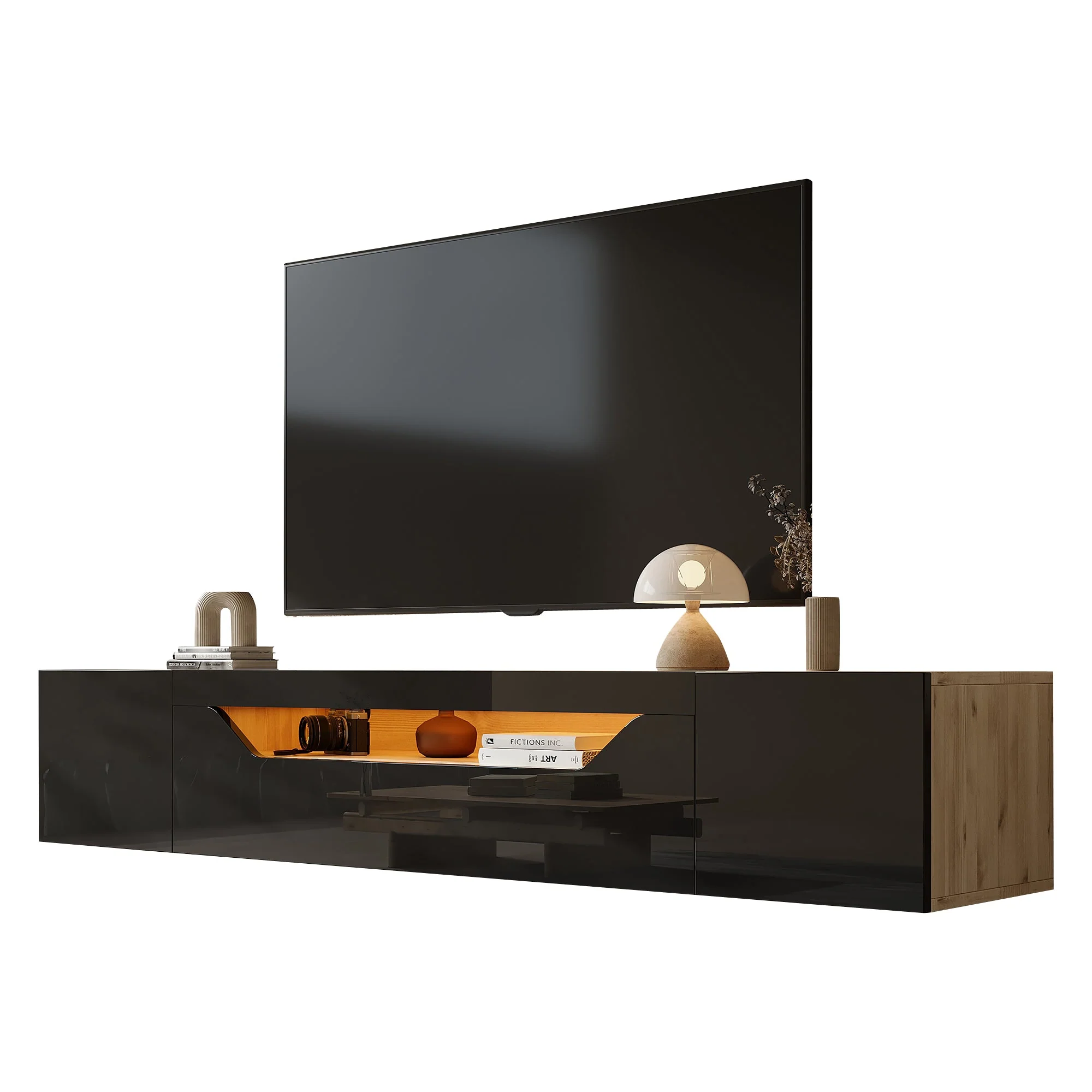 TV cabinet, 3 storage compartments, lowboard, floating wall board, LED light, wall-mountable, suitable for 75-inch TVs, black and wood color - Image 11