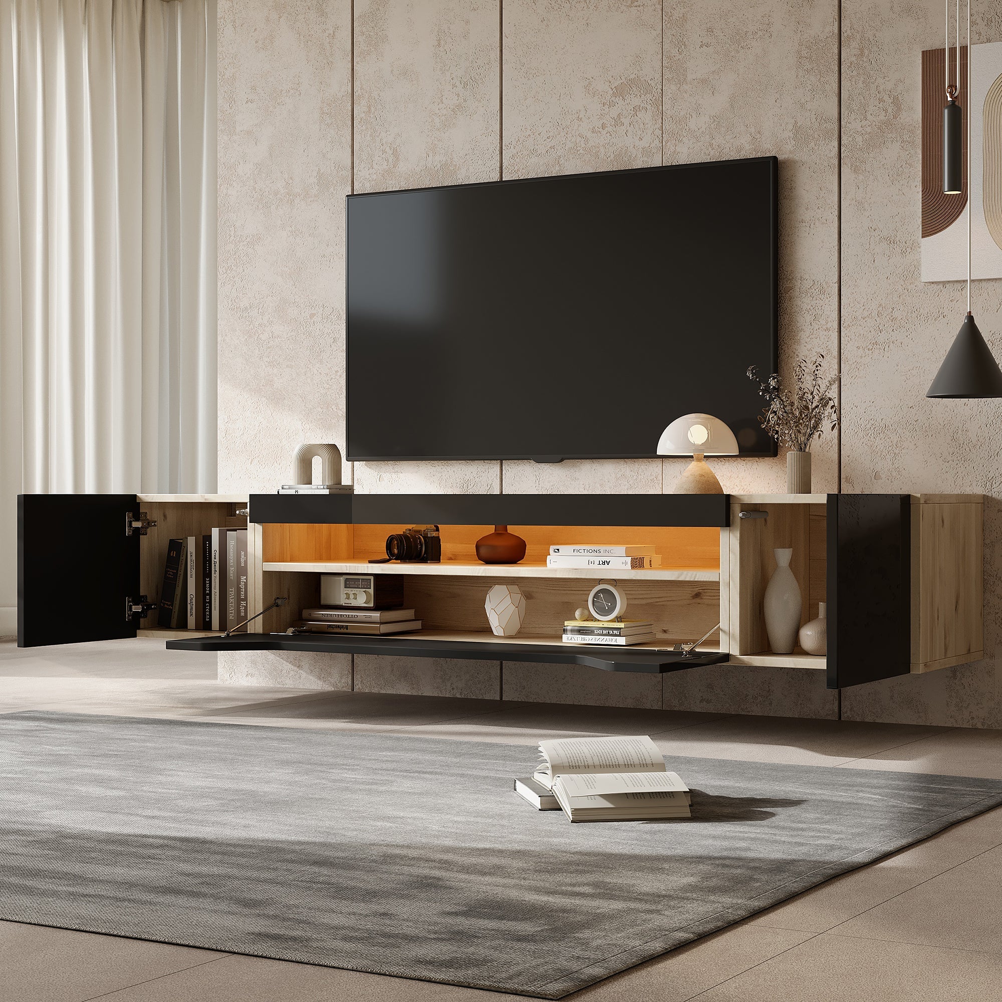 TV cabinet, 3 storage compartments, lowboard, floating wall board, LED light, wall-mountable, suitable for 75-inch TVs, black and wood color - Image 3