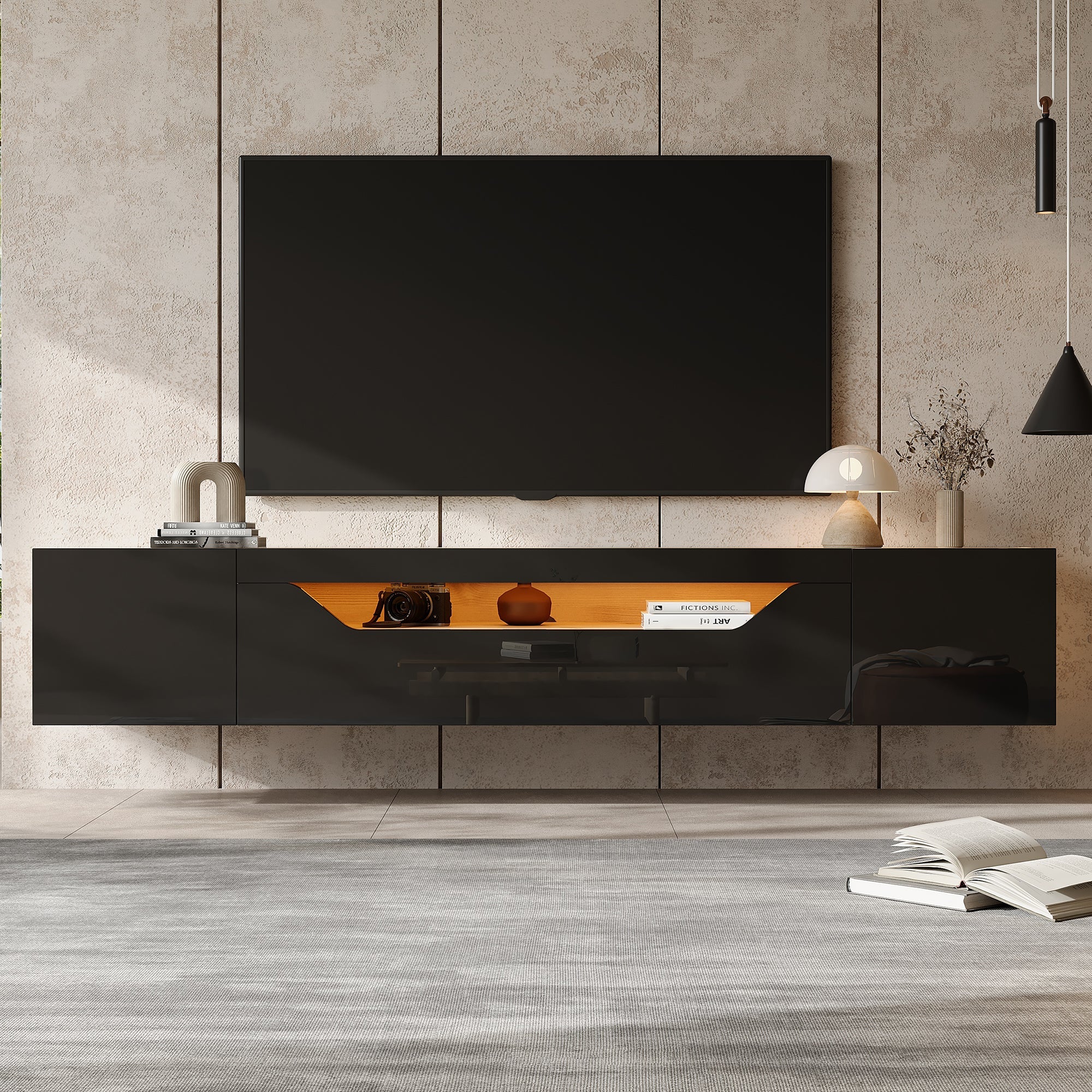TV cabinet, 3 storage compartments, lowboard, floating wall board, LED light, wall-mountable, suitable for 75-inch TVs, black and wood color - Image 4