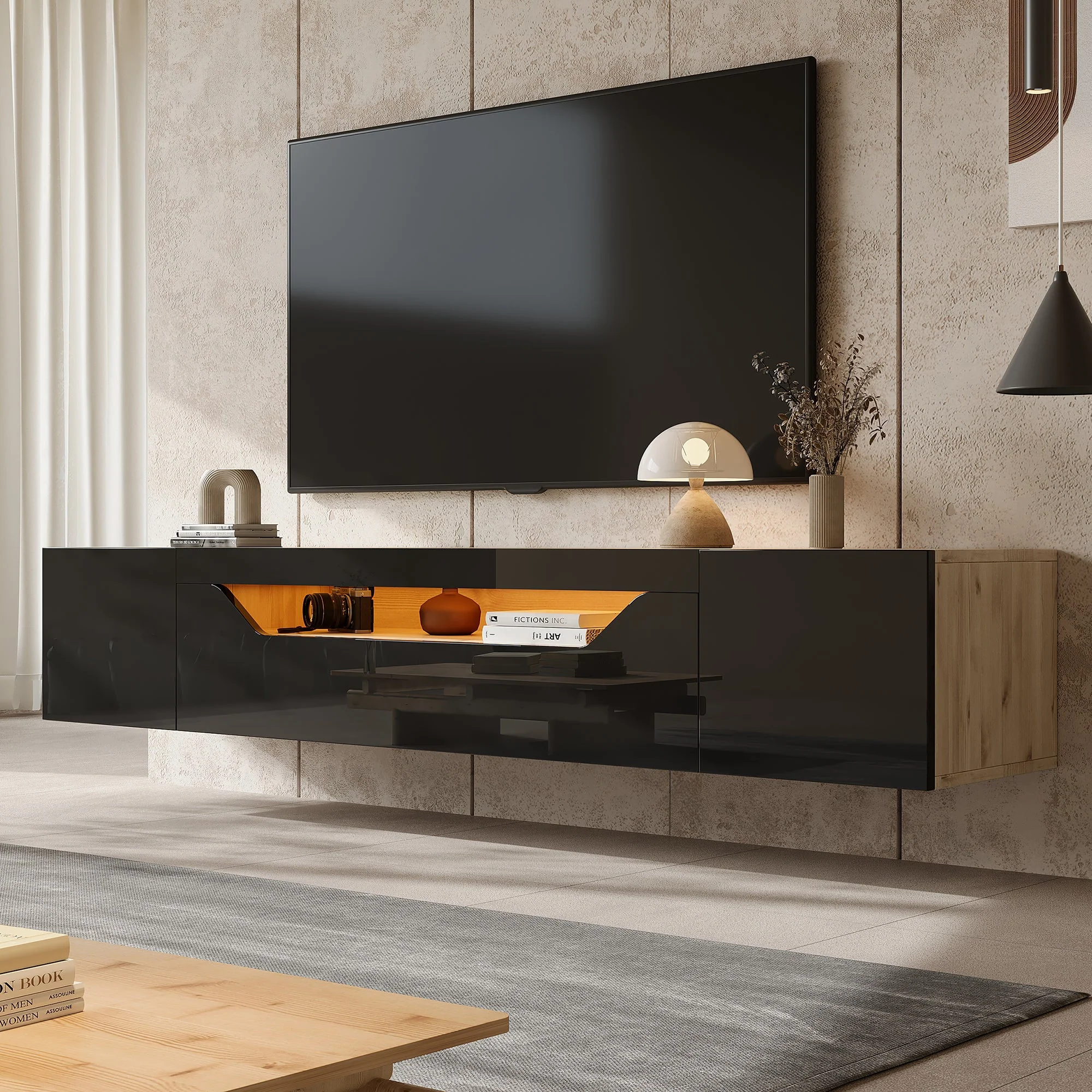 TV cabinet, 3 storage compartments, lowboard, floating wall board, LED light, wall-mountable, suitable for 75-inch TVs, black and wood color - Image 5