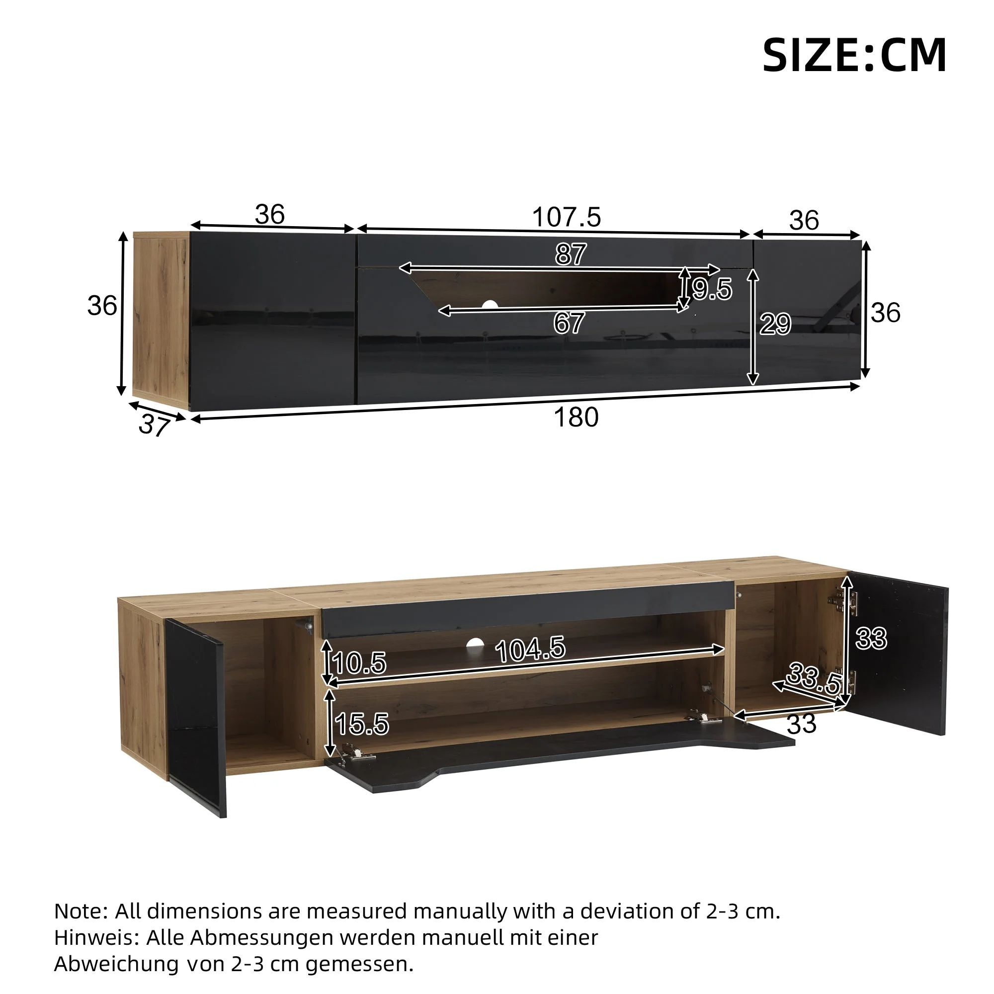 TV cabinet, 3 storage compartments, lowboard, floating wall board, LED light, wall-mountable, suitable for 75-inch TVs, black and wood color - Image 6